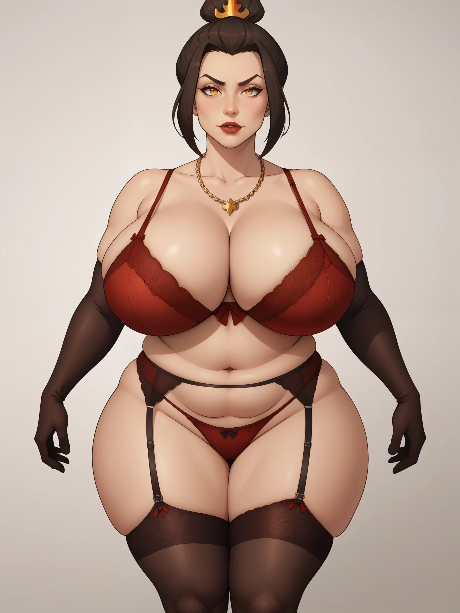 Azula, amber eyes. wavy dark brown hair strands above her shoulders. huge saggy breasts. huge hips. bbw. necklace. bow. ((( bra))),(((panties))),(((stockings with garters))). (((gloves))). bar. bend over

