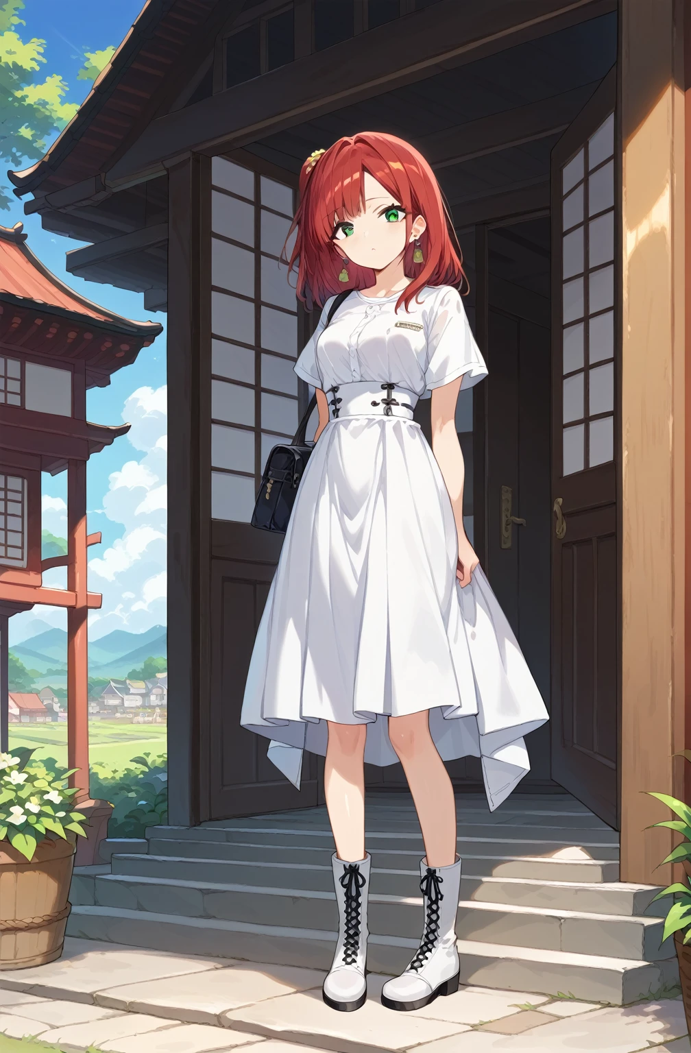 score_9, score_8_up, score_7_up, source_Cartoon, Morning Fragrance  ,   red hair, (green eyes, one side up),,hair accessories,   shiny skin , long hair,  Circle Earrings... White Leather Dress... Black Skinny Skirt.Leather Black Horse Boots ..Japanese Old Town Landscape 