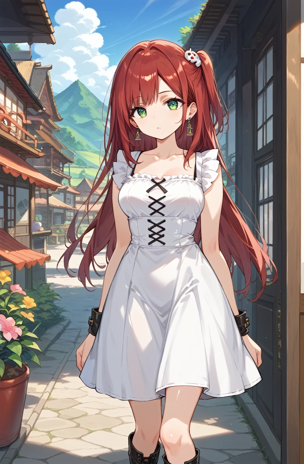 score_9, score_8_up, score_7_up, source_Cartoon, Morning Fragrance  ,   red hair, (green eyes, one side up),,hair accessories,   shiny skin , long hair,  Circle Earrings... White Leather Dress... Black Skinny Skirt.Leather Black Horse Boots ..Japanese Old Town Landscape 