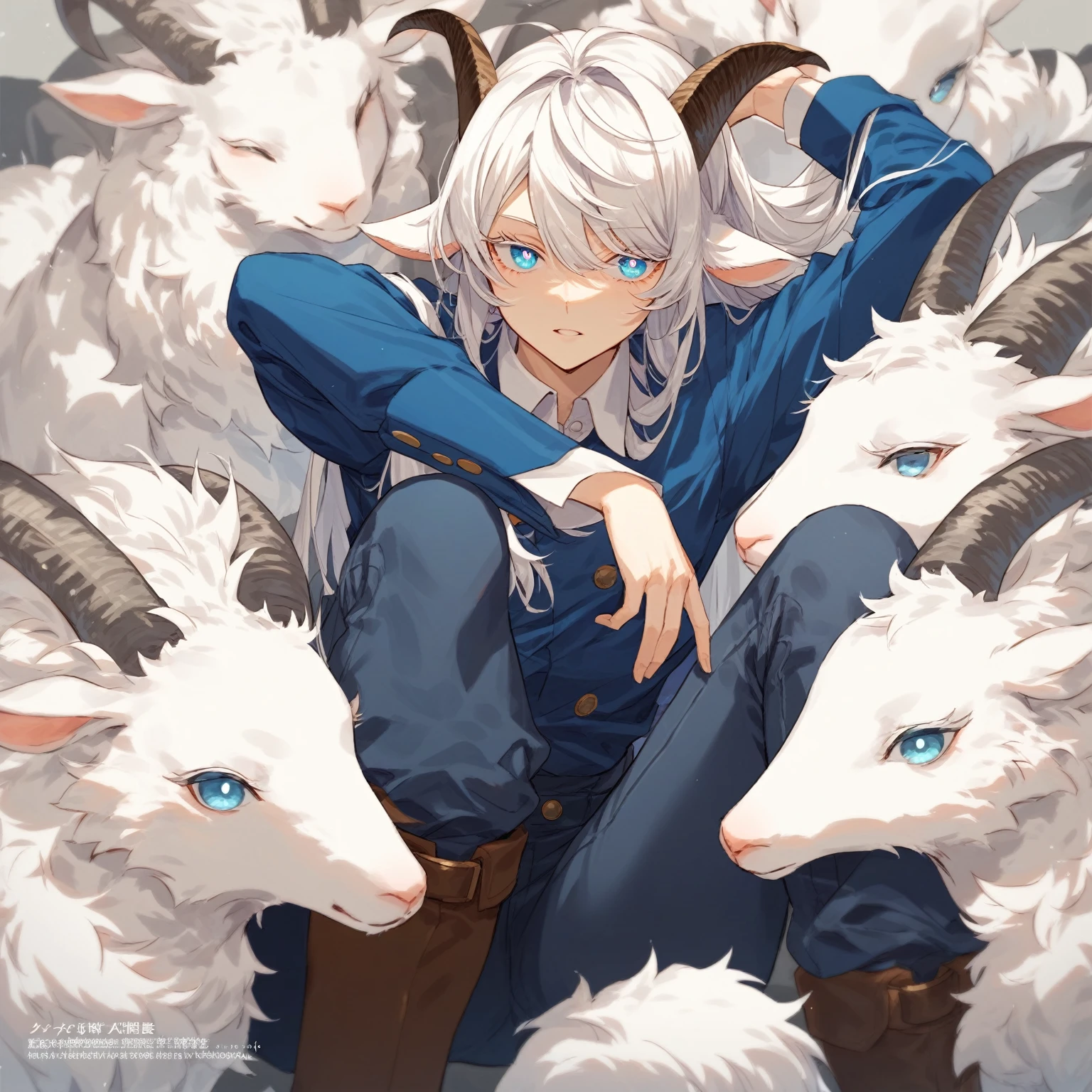  One single albino man , straight hair,  length up to half his back , disorderly,  bangs falling through his eyes rowdy ,  pale blue eyes with white pupils ,  framed eyelashes long white , delicate ranges, Curves thighs,  icy expression ,  small horns, white collar on her neck,  long sleeve blue shirt with buttons ,  dark jeans shaped to his legs ,  dark brown knee-length boots, Boy with fluffy goat ears, goat&#39;s tail, Riding a white horse , ♂️,  Boku No Hero Academia