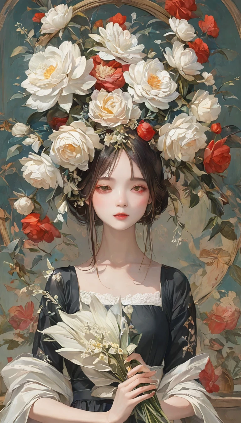 Beautiful woman、Floral arrangement、Wabi-sabi art、Super detailed_face_eye、非常に詳細なface、 black dress、white、gray、red、Parchment、抽象的Floral arrangement、Three big flowers、 Dreamy Art 、silence、 wallpaper、Best Quality、masterpiece、 Hi-Res、８ｋ