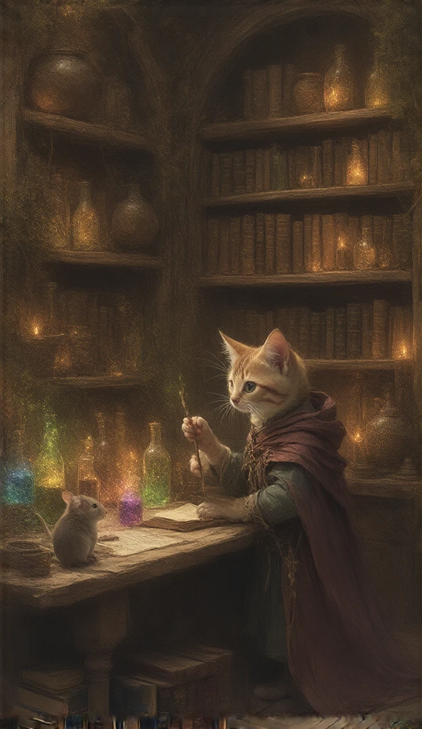 A magic room with even more strange magic books and magic potions, a kitten wizard in a brown cloak making magic potions, and a little brown mouse running around.
