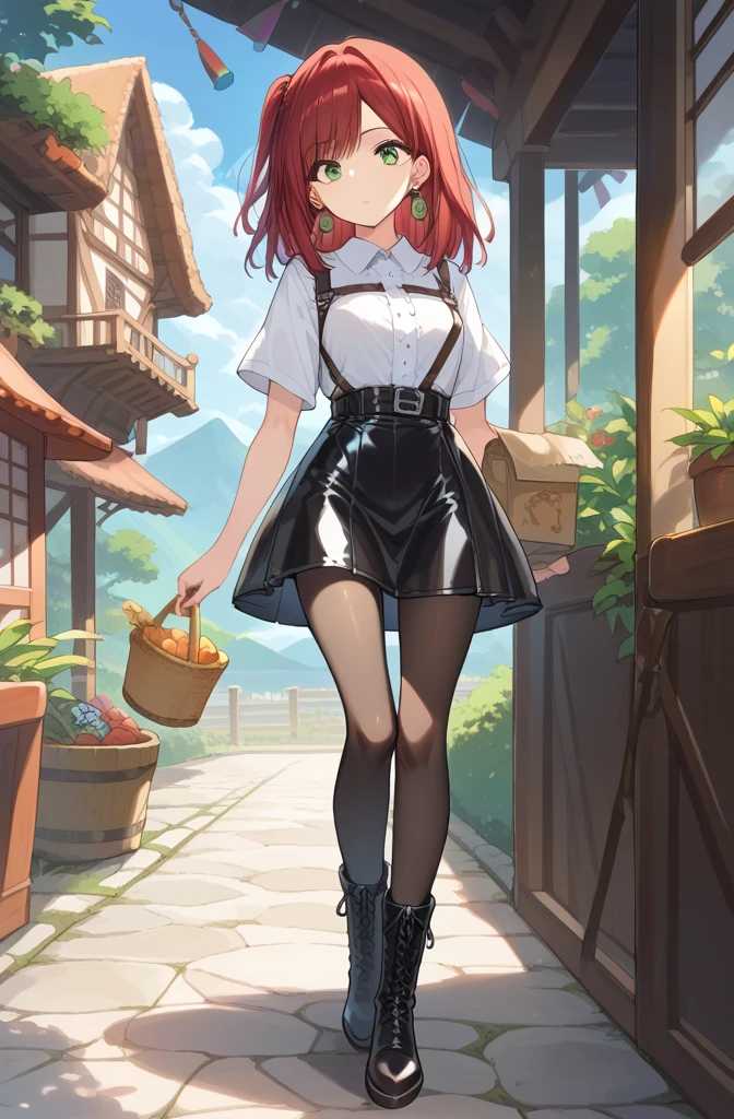 score_9, score_8_up, score_7_up, source_Cartoon, Morning Fragrance  ,   red hair, (green eyes, one side up),,hair accessories,   shiny skin , long hair,  Circle Earrings... White Leather Dress... Black Skinny Skirt.Leather Black Horse Boots ..Japanese Old Town Landscape ..Black pantyhose 