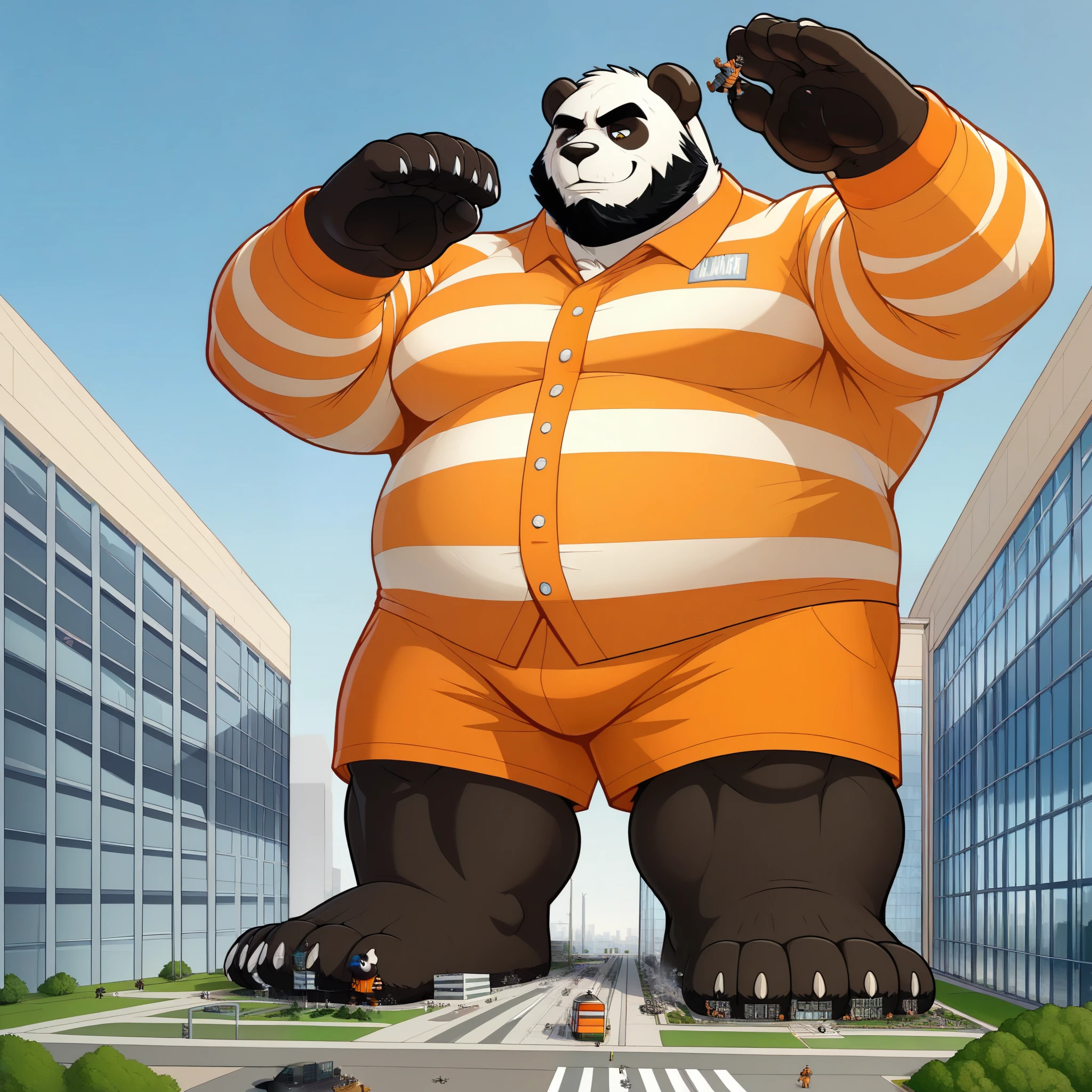 Gekrakeltes sieht einschüchternd Panda bear -Gesicht,Humanity  (Panda bear ),pummelig,(  wear black eyebrows :1.1),(perfect eyes),  slanted scar on the eye ，（artist:takemoto arashi),(prisoners, criminally, Inmate,）， standing, paws，（  Black beard  :1.3），（orange prisoners clothes:1.3,) Panda bear ,(Massiv:3.0, (  heavyweight ,stark,Macro, Emphasize )),  background ((  in a prison cell )),