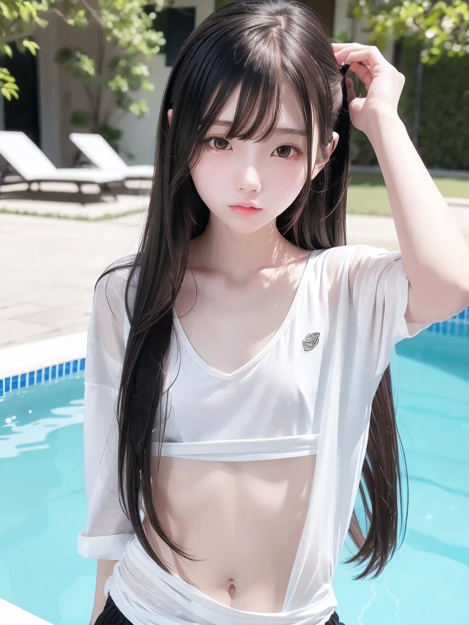 1 girl, Alone, Slender body, flat chest, Long Hair, ( black haired), perfect face, cool girl , ager , , Small Mouth,Pool, Nipples , cat