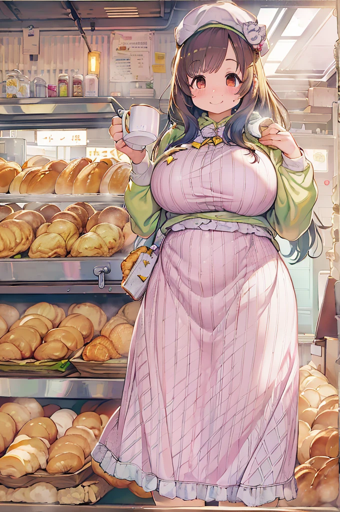 1girl, plump curves, colossal, giant, tall, curled violet hair, long hair, violet eyes, blush, sad smile, bakery shop, apron, skirt, blouse, happy