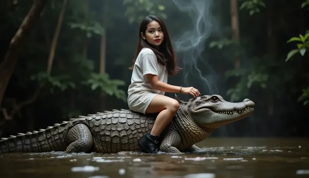 amira is riding big crocodile on its back, in the swamp, dramatic lighting