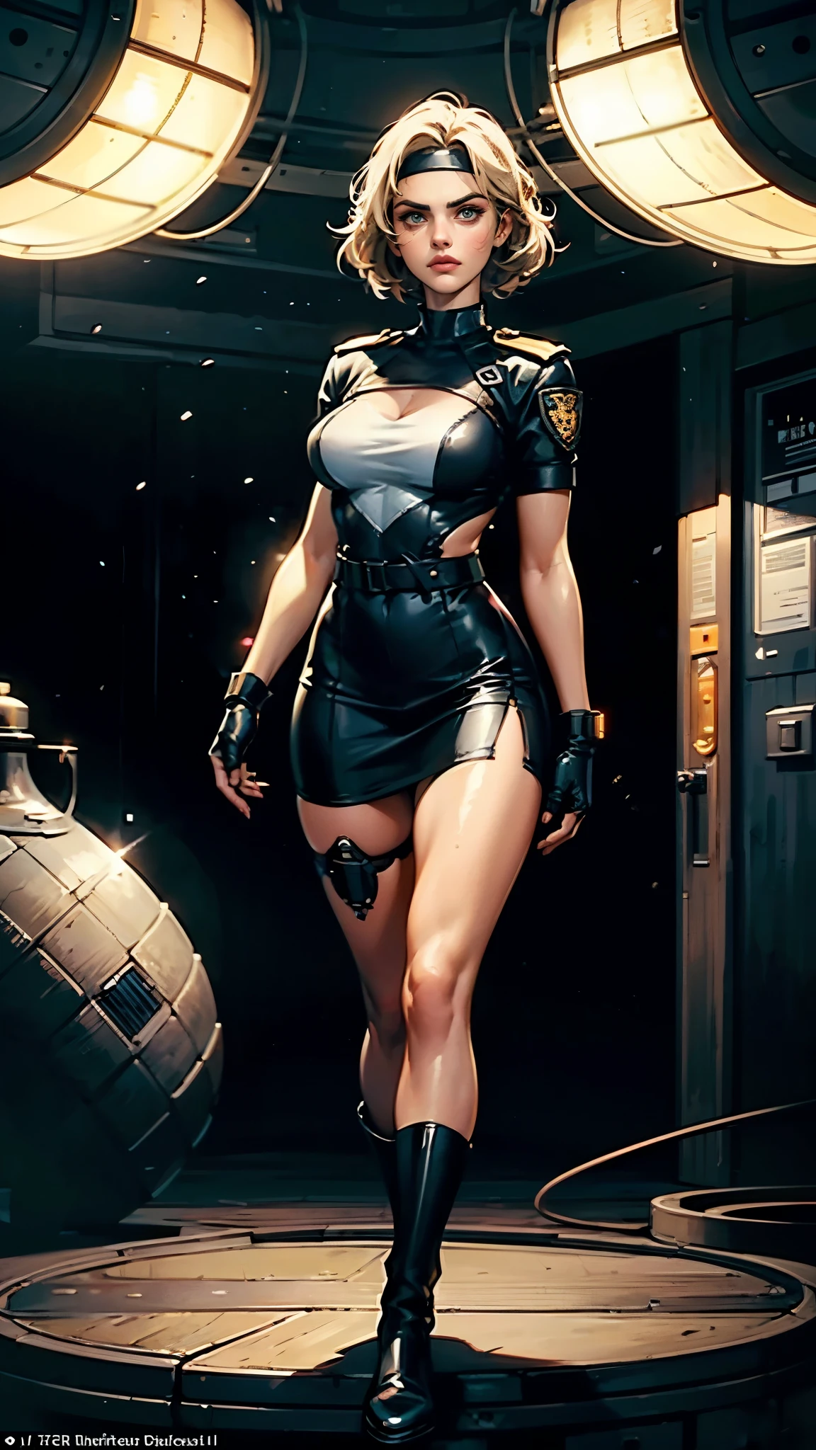 (masterpiece:1.2, best quality:1.2, extremely delicate:1.2), ((Alexandra Daddario:1.2)), a girl with short light golden hair, a metal headband on her forehead, icy gaze, detached expression, smooth and exquisite facial appearance, perfect body, perfect skin, porcelain skin, pale skin, sci-fi military uniform, short sleeves, gloves, short skirt integrated with the outfit, dark fitted pants, knee-high military boots, the color scheme is primarily White with Blue and Yellow accents, surrounded by AR virtual interfaces, standing in a futuristic sci-fi-styled room, this character embodies a finely crafted futuristic sci-fi female officer in anime style, exquisite and mature art style, exquisite photography, Photo realism, photorealistic, even and soft lighting on face, dramatic, high definition, highres, ultra-detailed, ultra-fine painting, professional, perfect body proportions, anatomically correct, symmetrical face, extremely detailed eyes and face, high quality eyes, creativity, RAW photo, UHD, 32k, portrait lighting, Natural light, cinematic lighting, (masterpiece-anatomy-perfect:1.2)