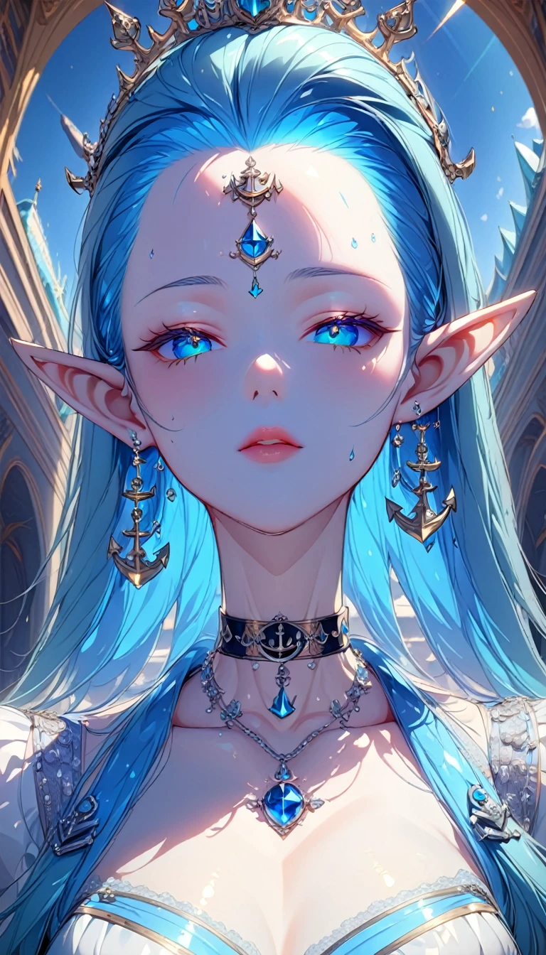 (((Best quality, 8k, Masterpiece: 1.3)), ((best quality)), ((masterpiece)), (detailed), perfect face, perfect body, (detailed skin:1.3), (intricate details), blue hair, hair slicked back, long hair, forehead jewel, pointy ears, anchor choker, ray tracing, Royal Palace, Magnificent Dress