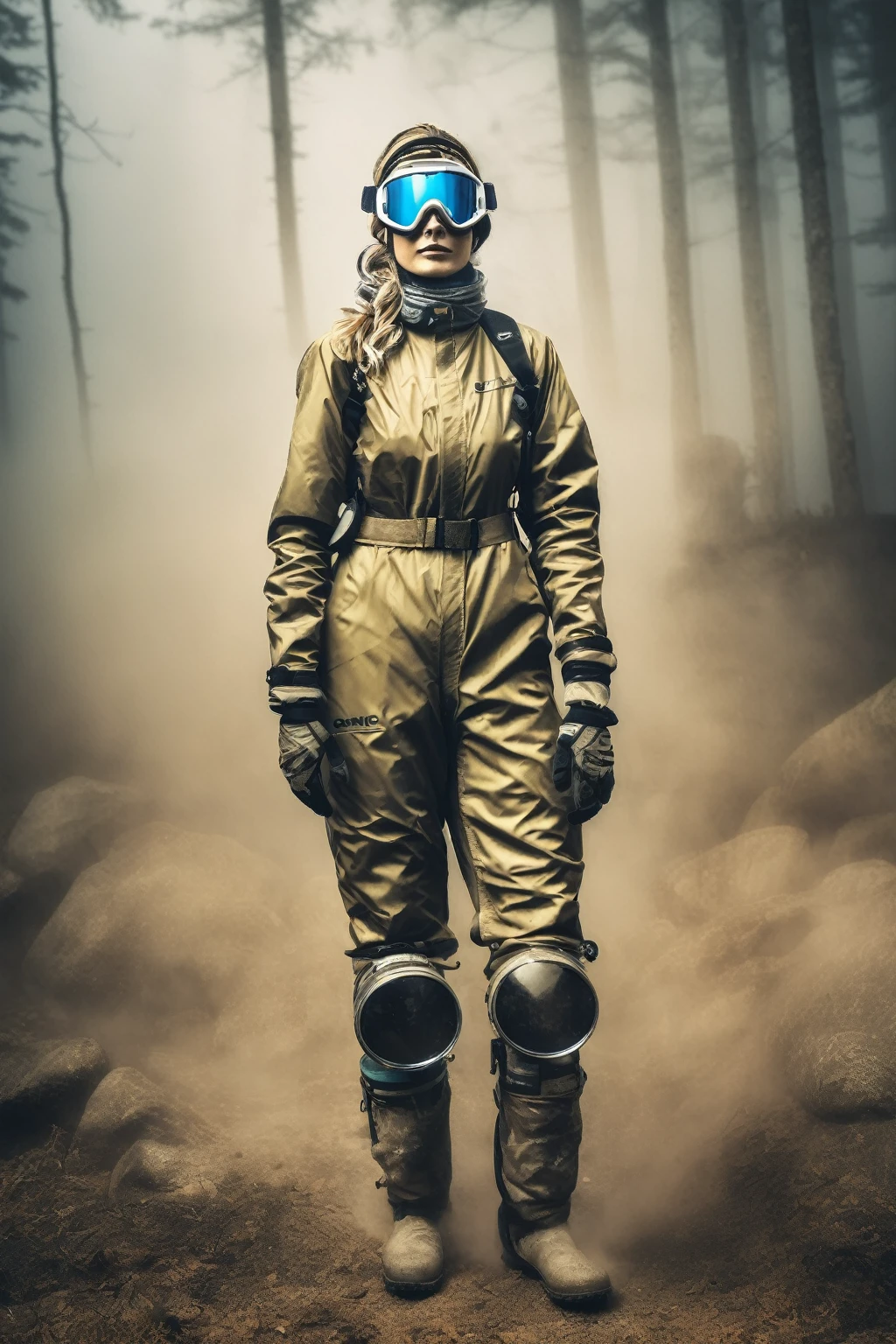 oniric old style  photo of a woman wearing enduro goggles full body standing mist enviroment
