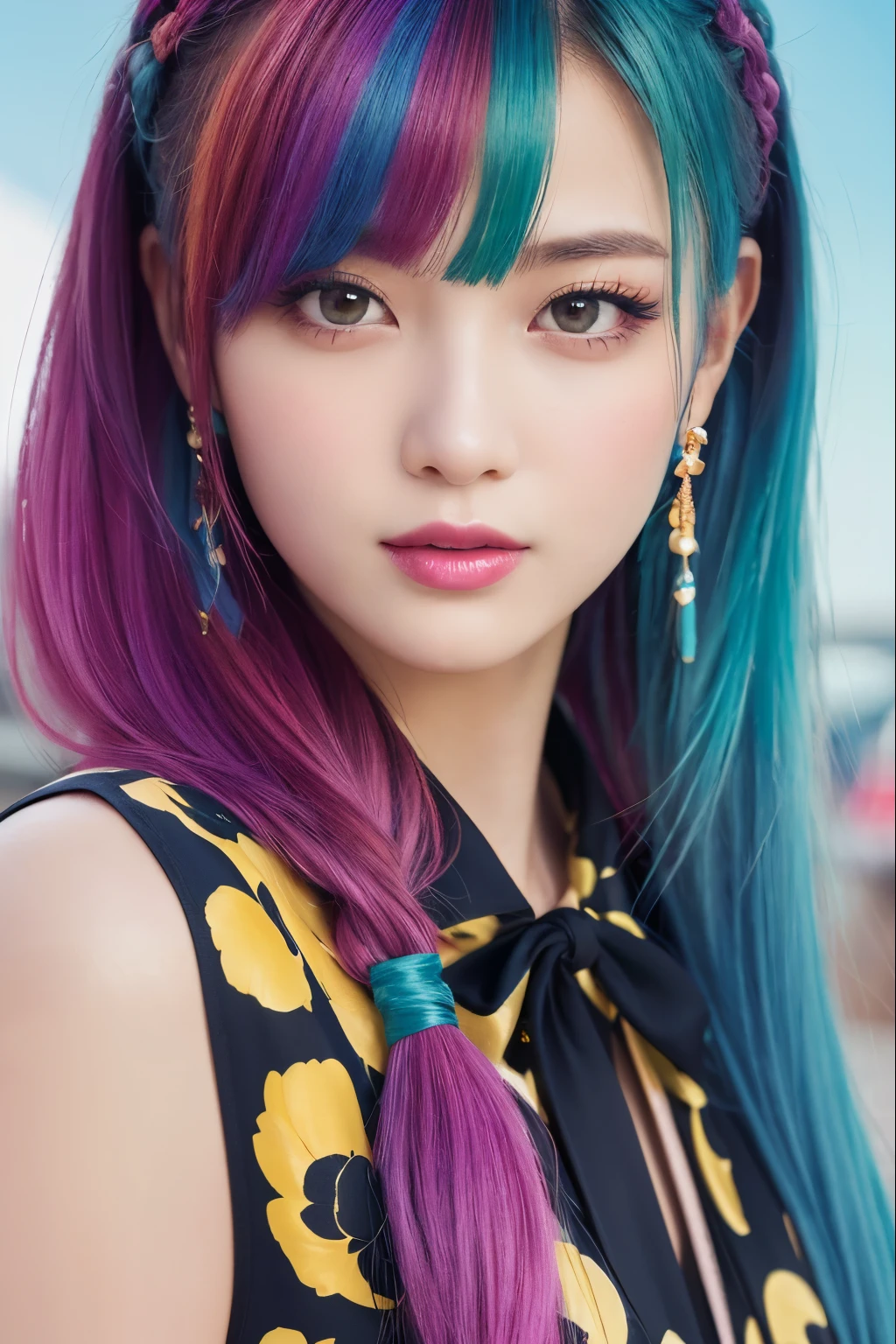 A close up of a woman with colorful hair and a bow - SeaArt AI