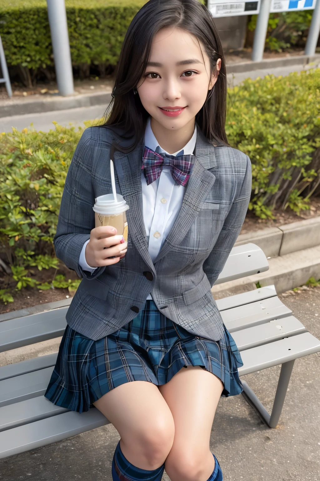 Pure Japanese school girl, outstanding body, wearing loose uniform, high heels, panty, sweet smile, sitting on bench, refreshing in early summer park, composition from the front, 