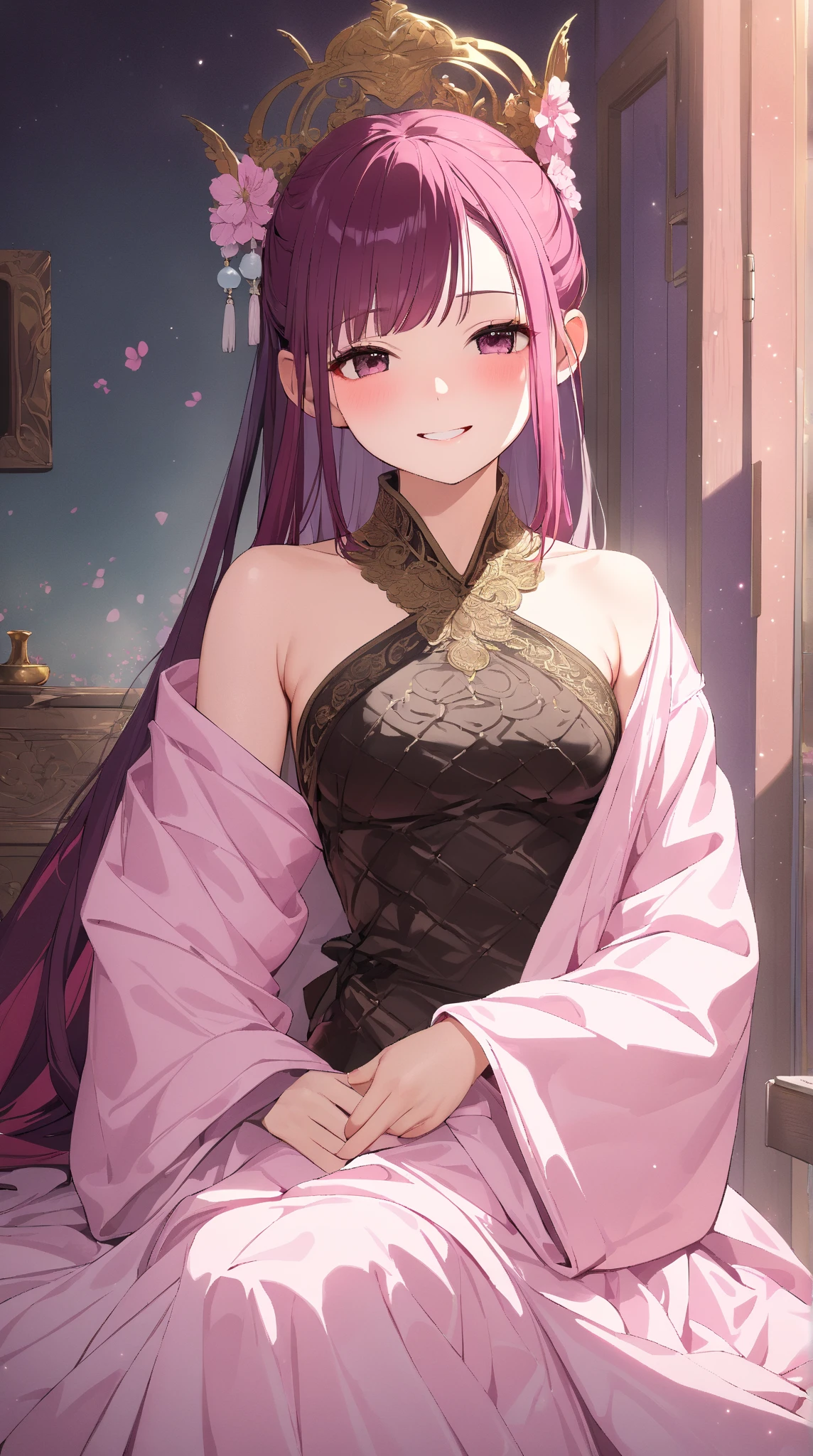 Masterpiece, Best quality, hindquarters_Visible_Through_Thighs, Cityscape, Real, A high resolution, Colorful, Girl, Long hair, Colored inner hair, curly_Hair, Beautiful detailed eyes, Light smile, Small breasts, Japanese_clothes, Obi, Frilled bra , white kneehighs, Earrings, Hair_bow, necklace, Sit on the, wariza/W-sitting, nipple tweak_thigh high,