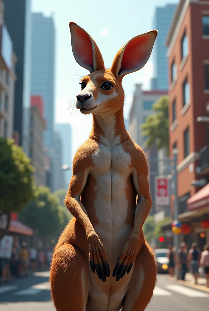 Generating an image of a pretty, handsome and physical kangaroo is a place in a city with buildings