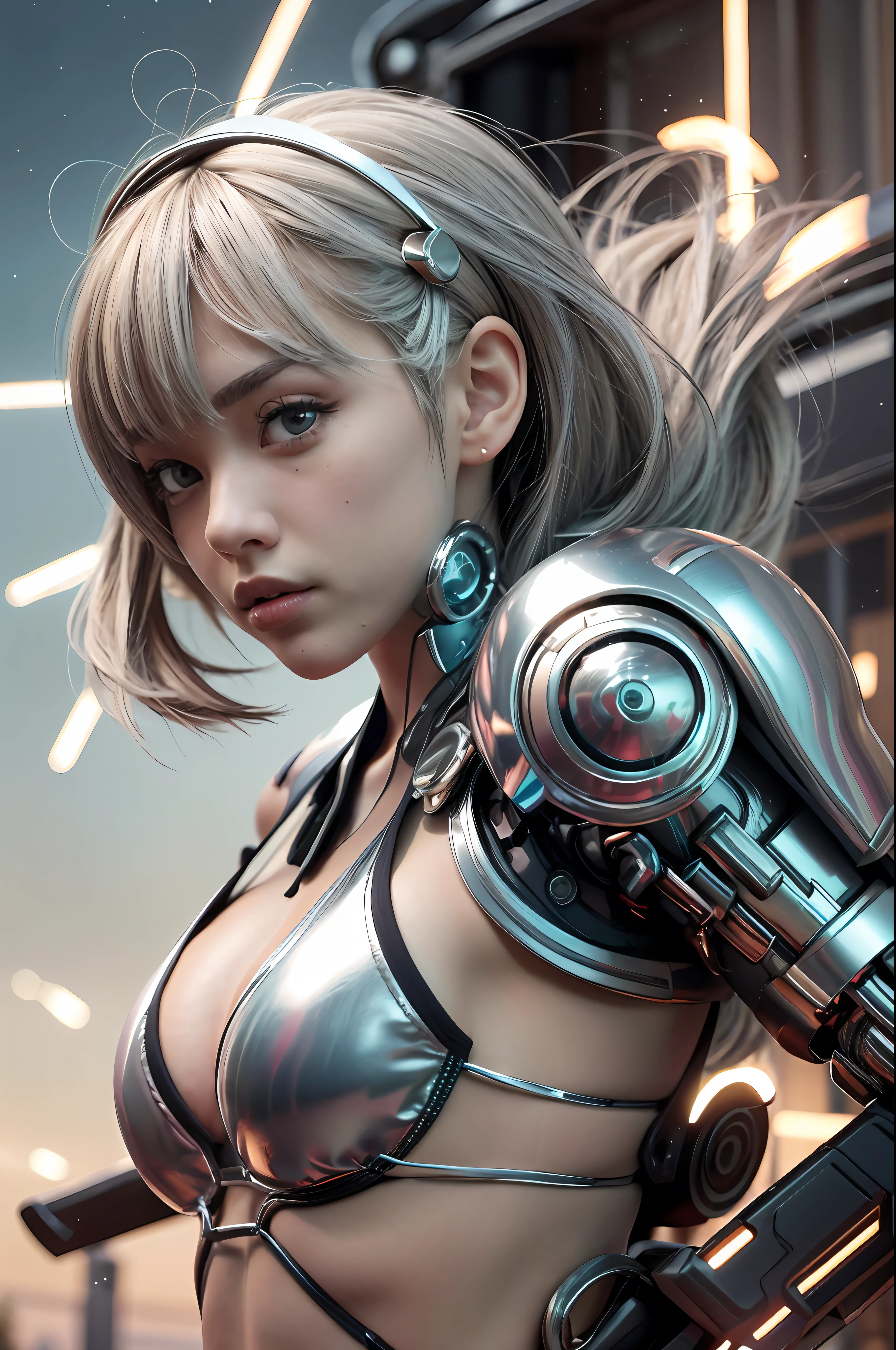 A maiden made of metal, dancing ballet, she is wearing a miniskirt, she is made of mechanical parts, carrying a huge key on her back, with her back to the camera, looking back, stage spotlights, overhead lights, a large metal ball made of mechanical parts flying out of her hand, the ball is made of many gears,