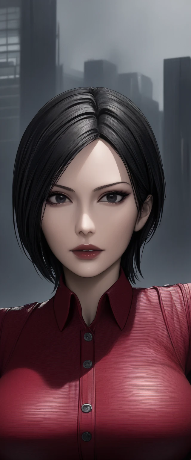 ((  Masterpiece  )), (familiar), precise, eyelash , (Resident Evil), (Ada wong), bare, ร่างbare, background, High Building Deck , Short hair, Black hair, Black eyes, Beautiful round eyes., Black pupil,  Big Bust, Red Breasted Tights ,  Black Miniskirt Skirt