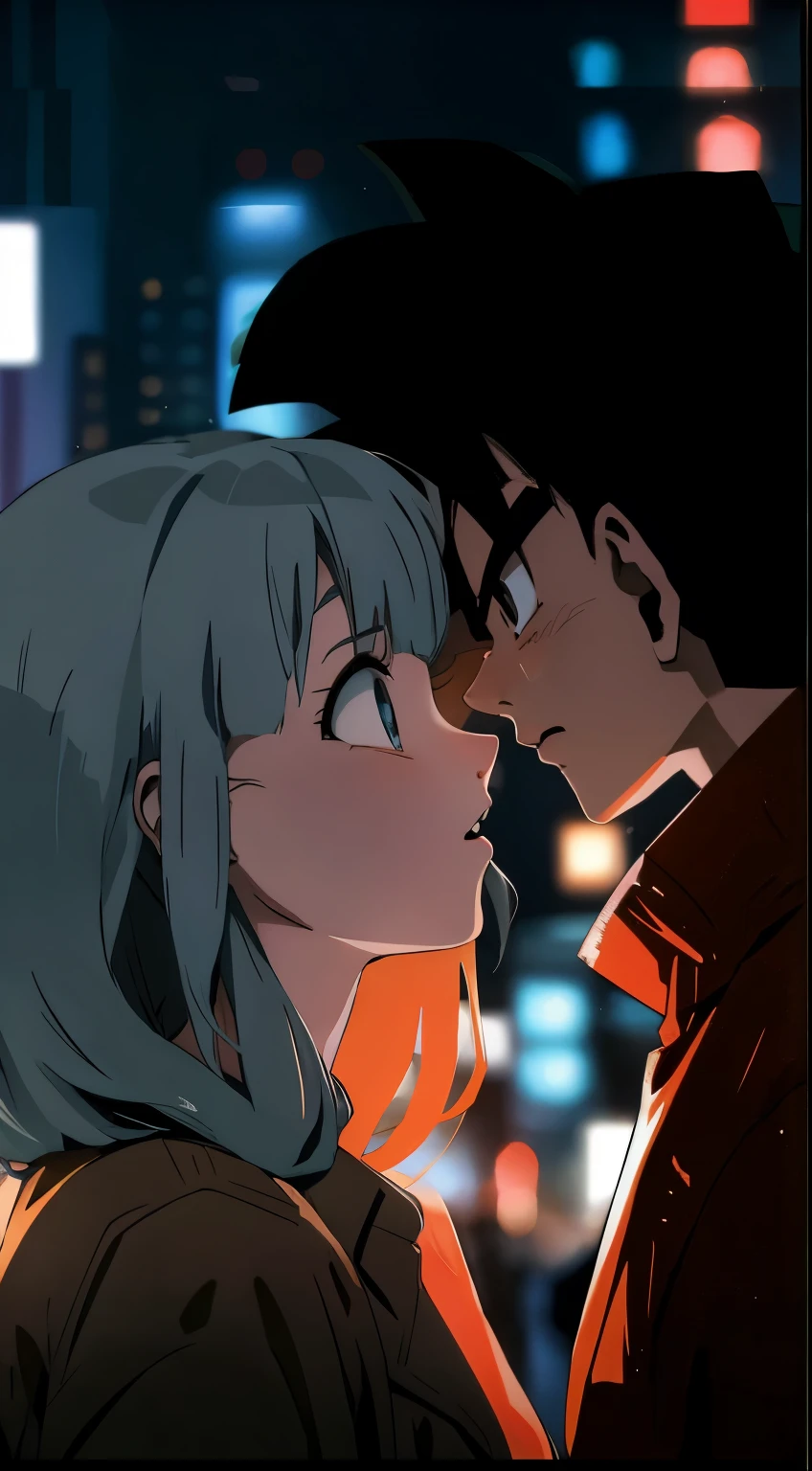 Goku and Bulma almost kissing in profile 