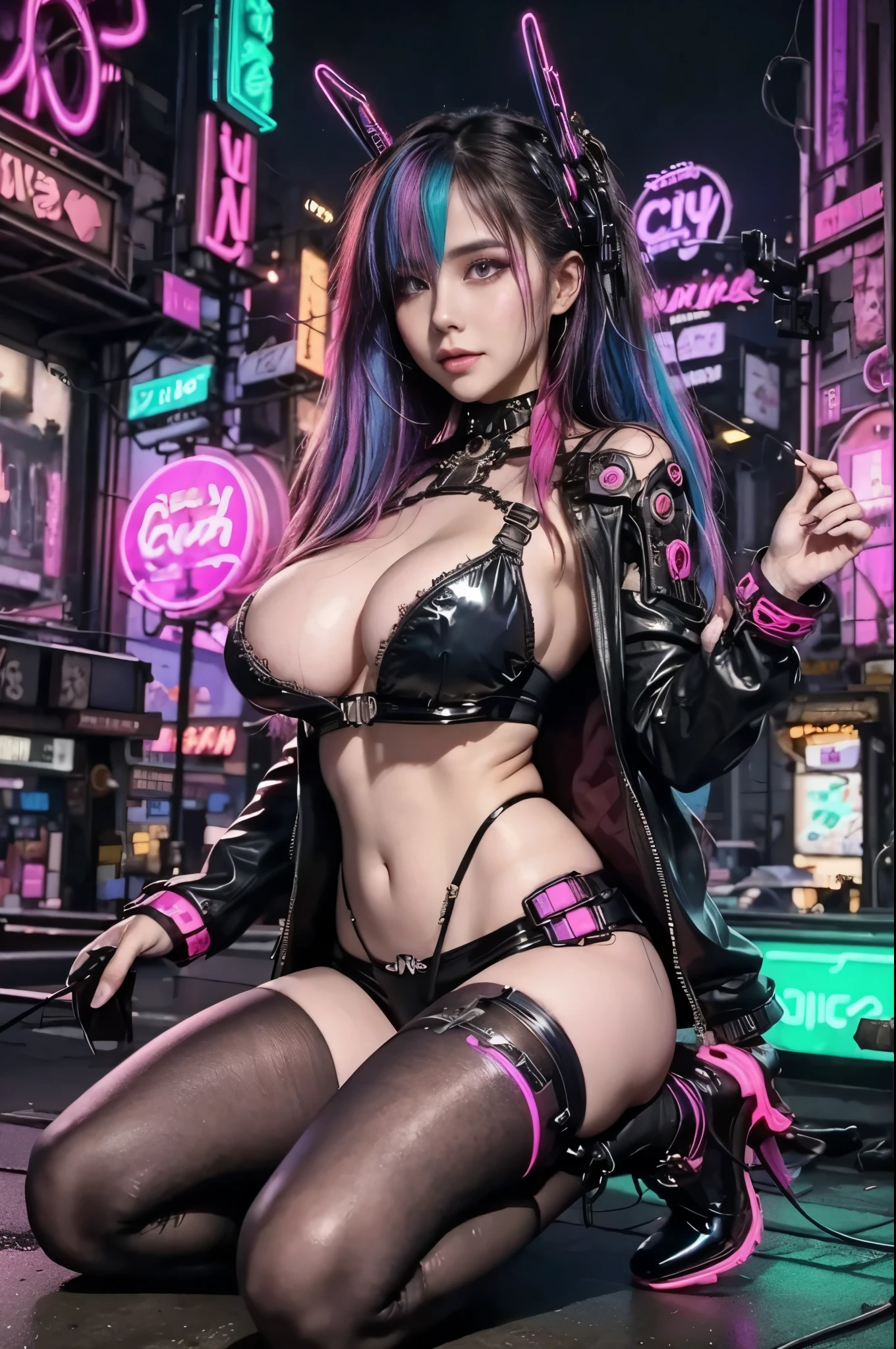 masterpiece, of the highest quality, Best Quality, Official art, Beautiful and aesthetic:1.2),(1girl in:1.4),Full body,(long pink and blue hair style),ighly detailed,(Fractal Art:1.3),(Colorful:1.5),highest details,(Mechanical modification:1.3),(corrected:1.2),Maiden,(A complex mechanical conduit), catheter,(Neon background:1.4),(Neon City:1.75),Night,Large breasts,(Gothic_Lolita:1.2),high-heels,(:0.75),makeup,blush,(Cyberpunk:1.4),((Looking at Viewer)), (((super realistic))), perfect lighting, dynamic pose, raw 8k, ((detail face)), ((beautiful face)), adjust cloth, adjust, realistic, realism, shiny skin, full body look, change pose to sexy poses, non nude, young girl 30 years old, perfect finger, beauty japanese face, very big breast, very large breast, non naked, muscle body, fit body, non nsfw