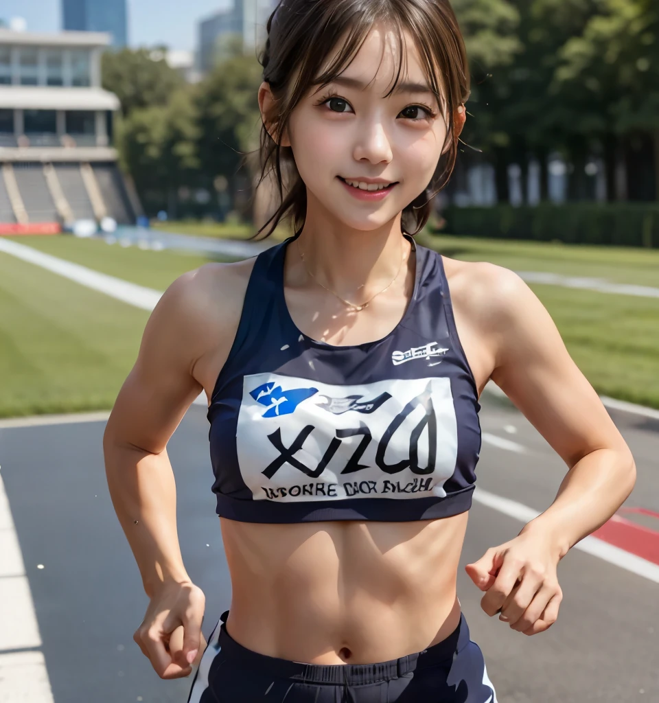  Best Quality 、masterpiece、  Ultra-high definition 、Clear Photo、 natural light、(  very cute 、   Beautiful Girl 、 Cute Yuki Yoda 、  World Cutest  、 small face、baby face)、( small breasts:1.4、 flat chest:1.4、  Big Erect Nipples :1.2)、 slender、 very short hair:1.6、 brown hair、smile、delicate face、 beautiful skin 、Stadium、(( Running:1.8))、( abs、 six pack )、(Too much exposure)、 full body image