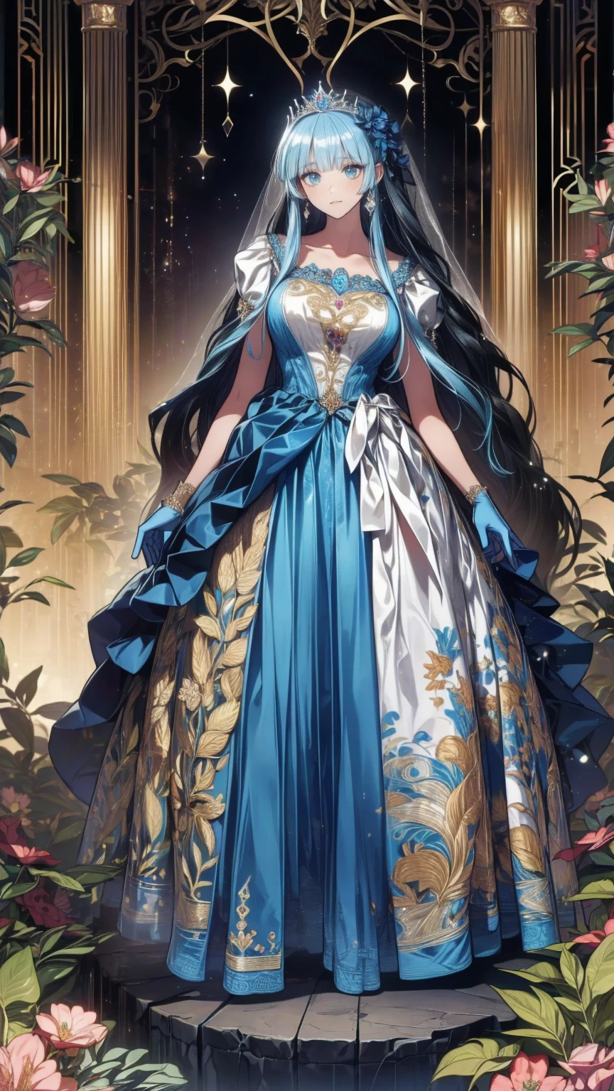 (( anime art style )),(masterpiece),(Best Quality), (Super detailed),(  Highly Detailed CG Unity 8K Wallpaper ),(( very delicate and beautiful)), Movie Lighting, 1 girl,((whole body portrait)),((Standing in the garden)),((Alone)),(((1 fairytale princess in Gorgeous embroidery and jewels extremely gorgeous rococo princess ballgown with voluminous full length hoop skirt))), narrow waist, をあしらったロイヤルドレス ,(((Huge crinoline tub skirt))),,((Gorgeous embroidery and jewels)), voluminous frills , transparent,(((Very huge , skin pattern ))), clevis,(( ridiculous length straight hair ,Extremely thick, straight, long hair, ridiculous length straight hair )),(Detailedly drawn face and eyes),(,smile),Clear pupils,  Extremely Gorgeous Full Hair Ornament  ,( Extremely Beautiful Full Tiara Embellished with Gemstones ),((Bling Bling Gems Jewelry )),Beautiful long veil,((Extra long gloves)),( Beautiful background ),(whole body),((Gorgeous embroidery and jewels extremely gorgeous rococo princess ballgown with voluminous full length hoop skirt))
