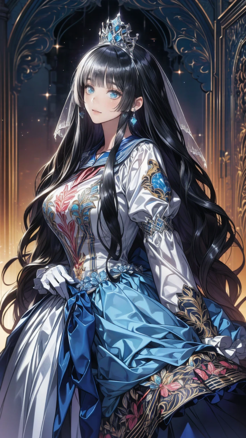 (( anime art style )),(masterpiece),(Best Quality), (Super detailed),(  Highly Detailed CG Unity 8K Wallpaper ),(( very delicate and beautiful)), Movie Lighting, 1 girl,((whole body portrait)),((Standing in the garden)),((Alone)),(((1 fairytale princess in Gorgeous embroidery and jewels extremely gorgeous rococo princess ballgown with voluminous full length hoop skirt))), narrow waist, をあしらったロイヤルドレス ,(((Huge crinoline tub skirt))),,((Gorgeous embroidery and jewels)), voluminous frills , transparent,(((Very huge , skin pattern ))), clevis,(( ridiculous length straight hair ,Extremely thick, straight, long hair, ridiculous length straight hair )),(Detailedly drawn face and eyes),(,smile),Clear pupils,  Extremely Gorgeous Full Hair Ornament  ,( Extremely Beautiful Full Tiara Embellished with Gemstones ),((Bling Bling Gems Jewelry )),Beautiful long veil,((Extra long gloves)),( Beautiful background ),(whole body),((Gorgeous embroidery and jewels extremely gorgeous rococo princess ballgown with voluminous full length hoop skirt))
