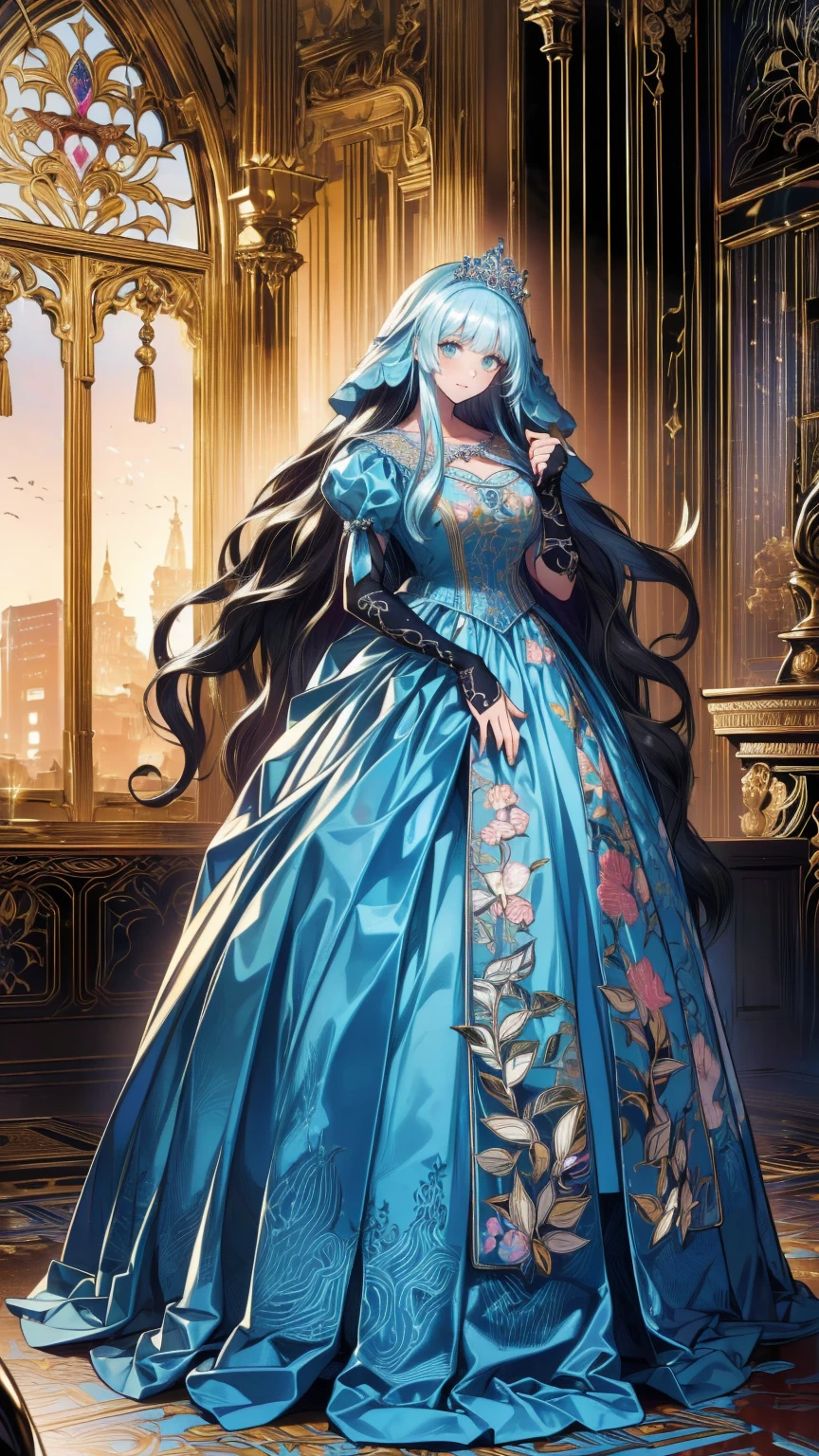 (( anime art style )),(masterpiece),(Best Quality), (Super detailed),(  Highly Detailed CG Unity 8K Wallpaper ),(( very delicate and beautiful)), Movie Lighting, 1 girl,((whole body portrait)),((Standing in the garden)),((Alone)),(((1 fairytale princess in Gorgeous embroidery and jewels extremely gorgeous rococo princess ballgown with voluminous full length hoop skirt))), narrow waist, をあしらったロイヤルドレス ,(((Huge crinoline tub skirt))),,((Gorgeous embroidery and jewels)), voluminous frills , transparent,(((Very huge , skin pattern ))), clevis,(( ridiculous length straight hair ,Extremely thick, straight, long hair, ridiculous length straight hair )),(Detailedly drawn face and eyes),(,smile),Clear pupils,  Extremely Gorgeous Full Hair Ornament  ,( Extremely Beautiful Full Tiara Embellished with Gemstones ),((Bling Bling Gems Jewelry )),Beautiful long veil,((Extra long gloves)),( Beautiful background ),(whole body),((Gorgeous embroidery and jewels extremely gorgeous rococo princess ballgown with voluminous full length hoop skirt))
