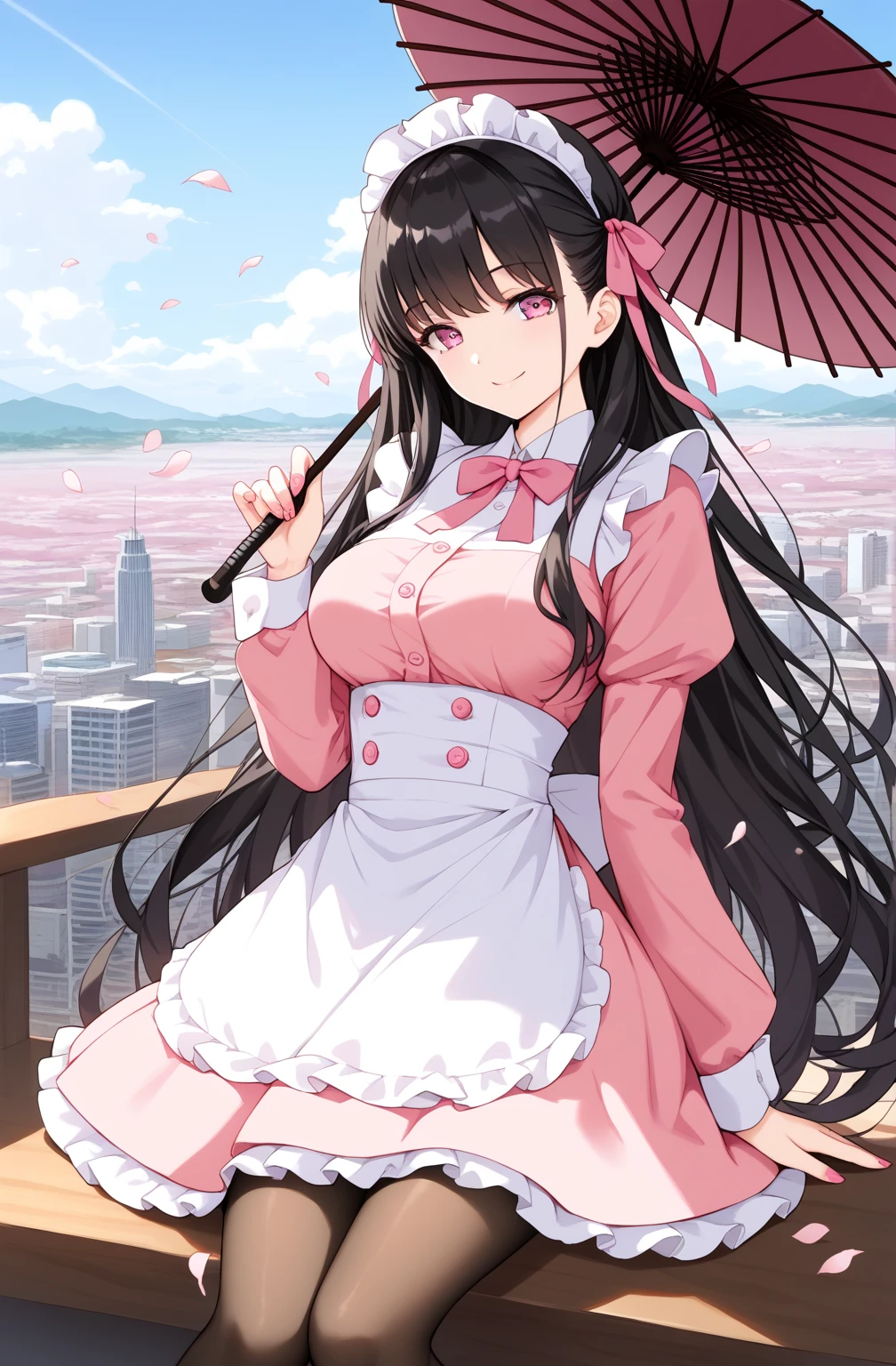 sauce_cartoon,  Morning Scent   ,     deep black hair red  .. Long Target Hair , ,  Extra Long Target Hair,  Pink Eyes , ribbon, amount ..ribbon,  Gamemun Neko ,,   1 girl has  , Brown , First, Hair ribbon , generally, Long Hair,  Black and red hair  ,  Pink Eyes , ,  Pink Nails ,  Pink ribbon ,   ribbon Bow  ,  ,   beautiful Japanese cityscape , ((target&#39; artwork )),  chewing cookies with her mouth  ,..Haori..smile.. pantyhose ..  cool button dress   .. white shirt pink dress ..  paper wooden umbrella ...  black horse boots ....  Maid Dress.. Mature