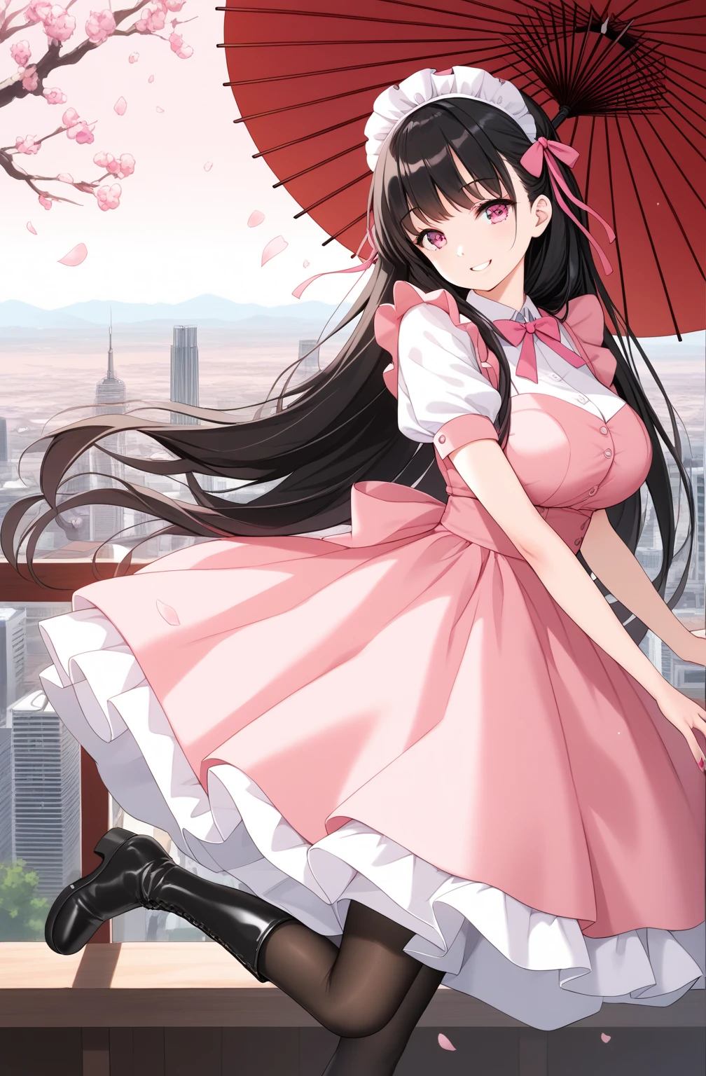 sauce_cartoon,  Morning Scent   ,     deep black hair red  .. Long Target Hair , ,  Extra Long Target Hair,  Pink Eyes , ribbon, amount ..ribbon,  Gamemun Neko ,,   1 girl has  , Brown , First, Hair ribbon , generally, Long Hair,  Black and red hair  ,  Pink Eyes , ,  Pink Nails ,  Pink ribbon ,   ribbon Bow  ,  ,   beautiful Japanese cityscape , ((target&#39; artwork )),  chewing cookies with her mouth  ,..Haori..smile.. pantyhose ..  cool button dress   .. white shirt pink dress ..  paper wooden umbrella ...  black horse boots ....  Maid Dress.. Mature