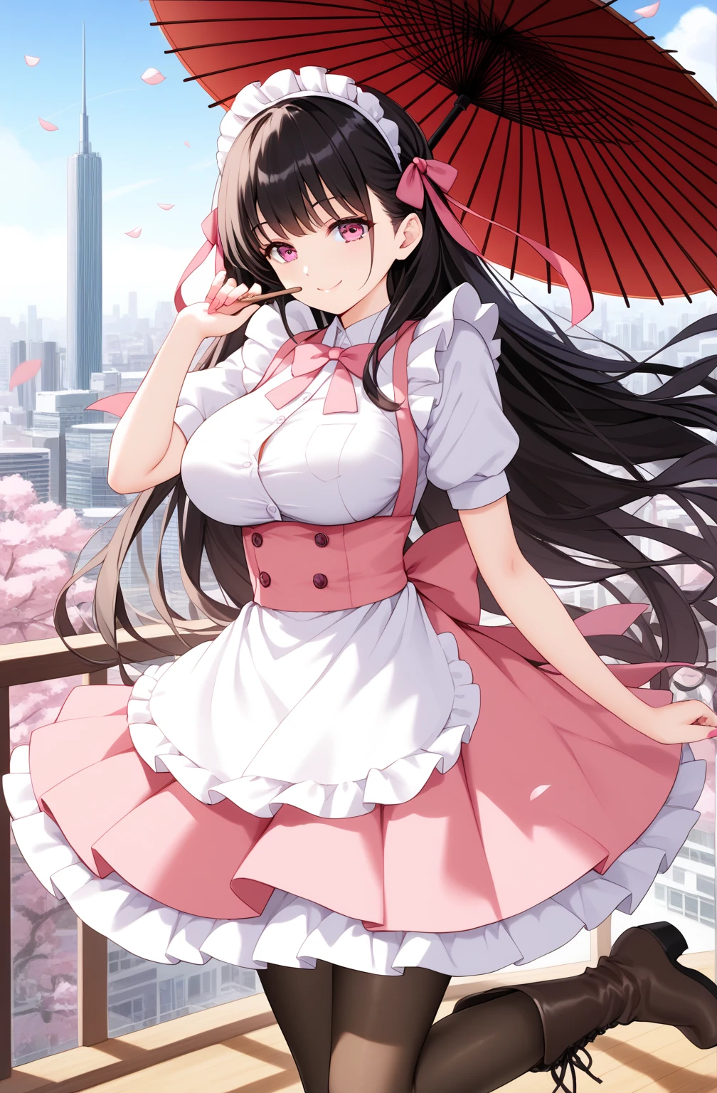 sauce_cartoon,  Morning Scent   ,     deep black hair red  .. Long Target Hair , ,  Extra Long Target Hair,  Pink Eyes , ribbon, amount ..ribbon,  Gamemun Neko ,,   1 girl has  , Brown , First, Hair ribbon , generally, Long Hair,  Black and red hair  ,  Pink Eyes , ,  Pink Nails ,  Pink ribbon ,   ribbon Bow  ,  ,   beautiful Japanese cityscape , ((target&#39; artwork )),  chewing cookies with her mouth  ,..Haori..smile.. pantyhose ..  cool button dress   .. white shirt pink dress ..  paper wooden umbrella ...  black horse boots ....  Maid Dress.. Mature