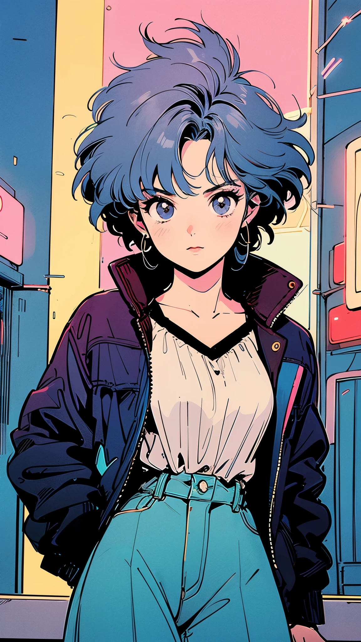 (masterpiece:1.2,Outstanding quality,Mirror finish,  cinematic experience,Super detailed),16k,wallpaper, best illustration,(Neon city at night),( vector art with a single line),( neon color ),( fashionable woman ),( cute),(Countless neon signs in the background),80s Anime,90s Anime