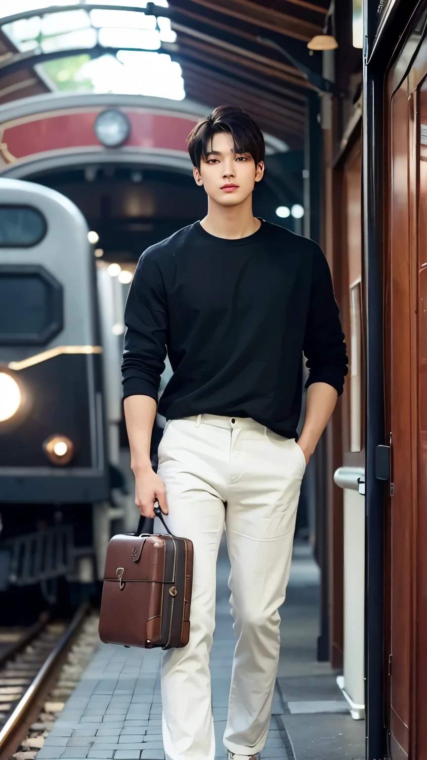 Wonoo Seventeen ,Young male model is holding a vintage leather suitcase, standing confidently, athletic Korean male model in his mid-20s with short, styled black hair that is slightly tousled. His features are sharp, with high cheekbones, a defined jawline, and expressive dark brown eyes. He has a lean, muscular build with defined arms, shoulders, and chest, complemented by clear, warm-toned skin,Wearing a fitted white T-shirt, sleeves rolled up to reveal toned arms and chest,Background is Outdoor station platform beside a vintage train, with open train doors beside him,Late afternoon natural light, casting soft, long shadows on the platform,High-fashion magazine with a focus on modern elegance,Mood is Confident and ready for adventure,Camera Angle Mid-shot from a low angle to emphasize physique, Ultra-realistic, 4K resolution with detailed skin and texture,Light breeze moving through his hair for a natural effect,Ultra-realistic, 4K resolution, detailed skin texture ,Slight wind effect on his hair for a natural look