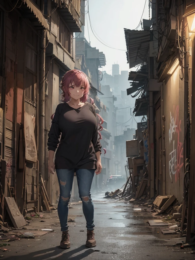 (​masterpiece, top-quality, hight resolution, Unity 8k, extremely details CG:1, Best Picture), ((seductive smile)), ilulu, horn, A woman standing in a gritty, urban slum setting. She wears casual clothing, slightly worn, with a thoughtful expression on her face. Background shows narrow alleys, weathered buildings, and graffiti on walls, dimly lit by nearby streetlights. The atmosphere is realistic, capturing the rough texture of the surroundings. Focus on her strong, resilient presence, as she stands alone in the scene.