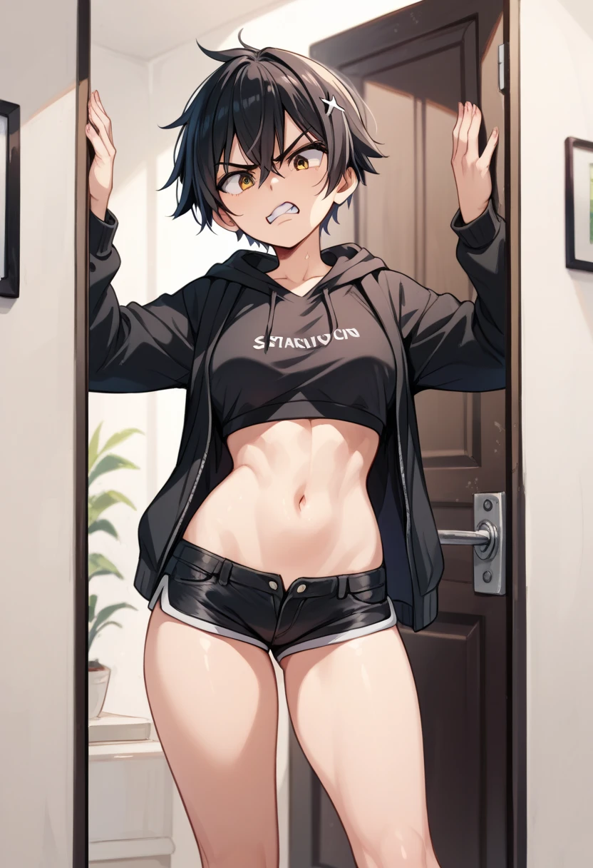 1girl, tomboy, simpledrawing. black loose hoodie, super short shorts, medium bust size, medium thigh size, angry, standing in front of the door, belly  