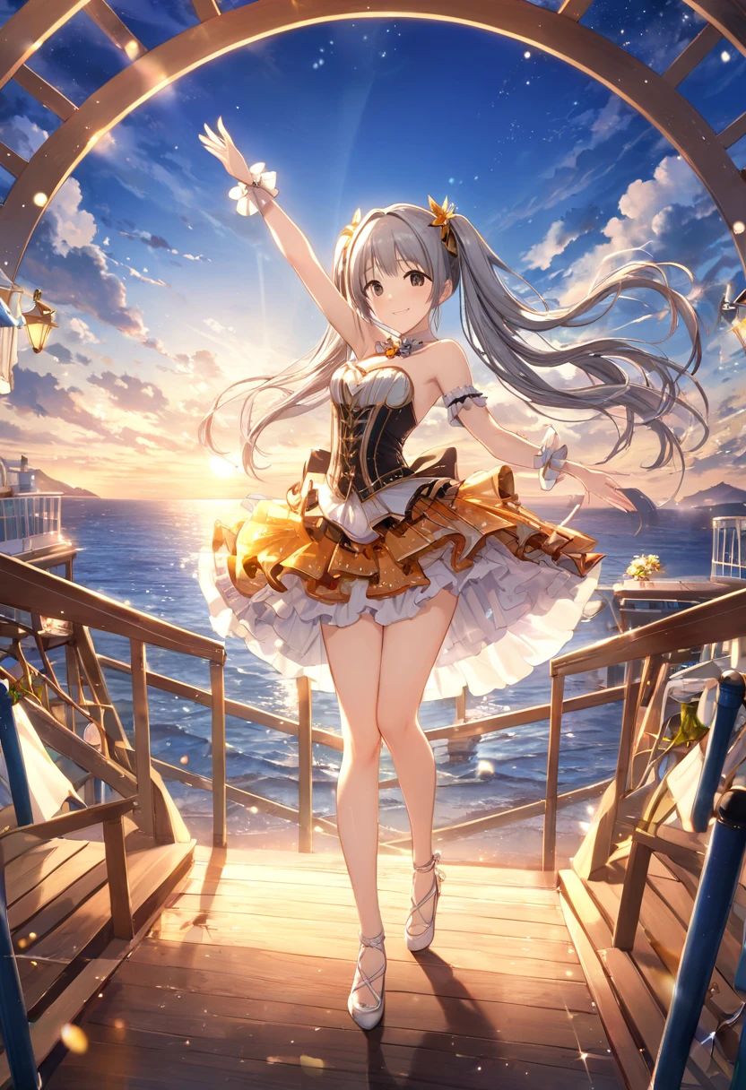 masterpiece、Best Quality、Super detailed、 Hi-Res、 extremely detailed CG、 Beautiful Idol Costumes 、 The Idolmaster Cinderella Girls、Hakozaki Serika 、最も美しいWharfの夜景、 blue sky and white clouds 、Wharfの周辺を歩く姿、beautiful single girl 、Idol&#39;s Smile、 silver hair、 wavy twin tails、Long Hair、 silver hairの毛、Port town、Wharf、Boat Lights 、Top Brand 、 Wear Colourful Costumes、 Resplendent、 Dazzling Sun Rays 、、Stretching、Standing on tiptoes、 Sea Scenery View 