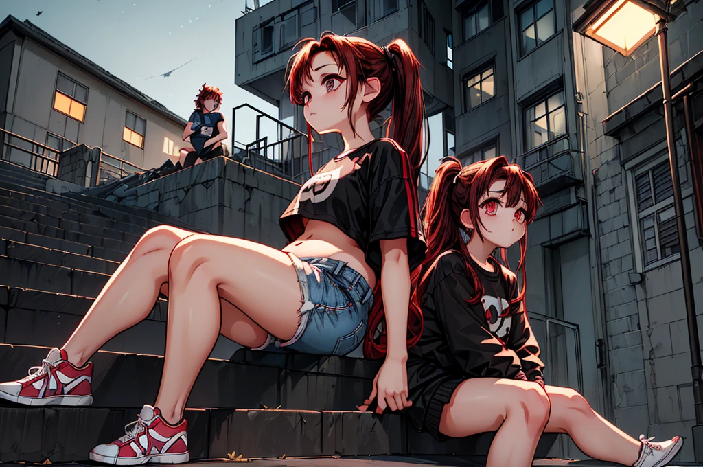 1girl,( side view , From afar:1.5),(Sitting at an angle on the stairs at the bottom left of the screen:1.5),(urban lonely street background, Streetlight,  dark night , moonshine:1.5),(City background,  Sports Jacket , denim shorts and black leggings, Crop Tee,Cyberpunk,  Dark Sky , Neon Light ,  Beautiful Night , Building Forest, road name, automobile,  Numerous Windows1.5), ,(A well-made chest:1.5), (Dark red eyes :1.5), (hair over one eye, rustling and messy hair, A full ponytail, Dark red hair, Long hair with strong curls,  sitting on a white background, left eye covered by hair, Ponytail that falls below the waist:1.5), (sneakers, flushing:1.5), ( shy expression , flushing:1.5), (Aegyo belly fat:1.5), (Chubby thighs, Slender waist :1.3)