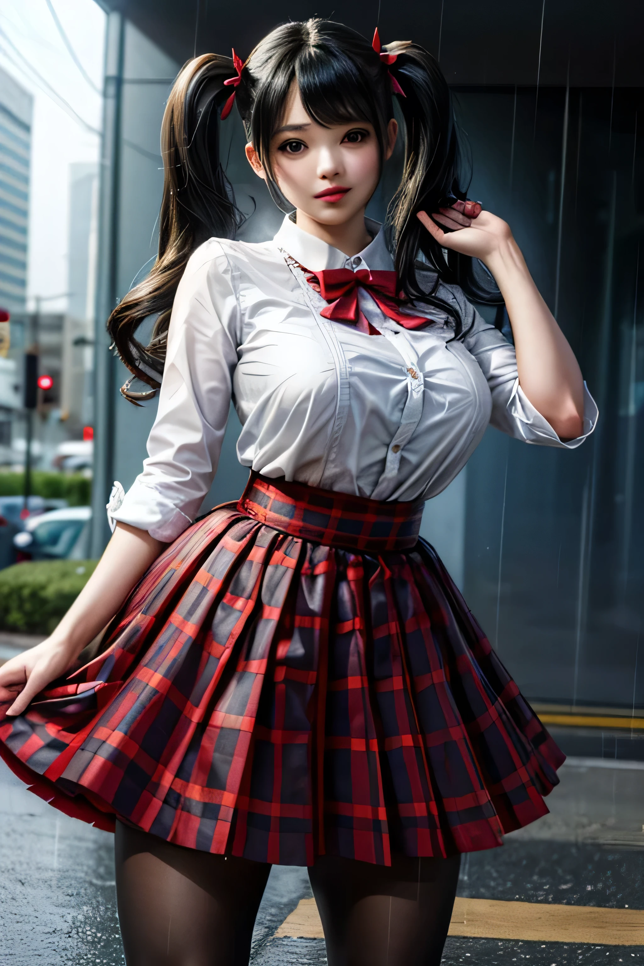 LingX , black haired, twin tails, Brown Eyes ,Hair accessories,  pantyhose  ( insanely detailed, masterpiece, Best Quality),Alone, steam , rain ,  Check Skirt  ,  Pleated Skirts , tight shirt ,  white shirt , High school girl ,  red ribbon , Red Knot ,