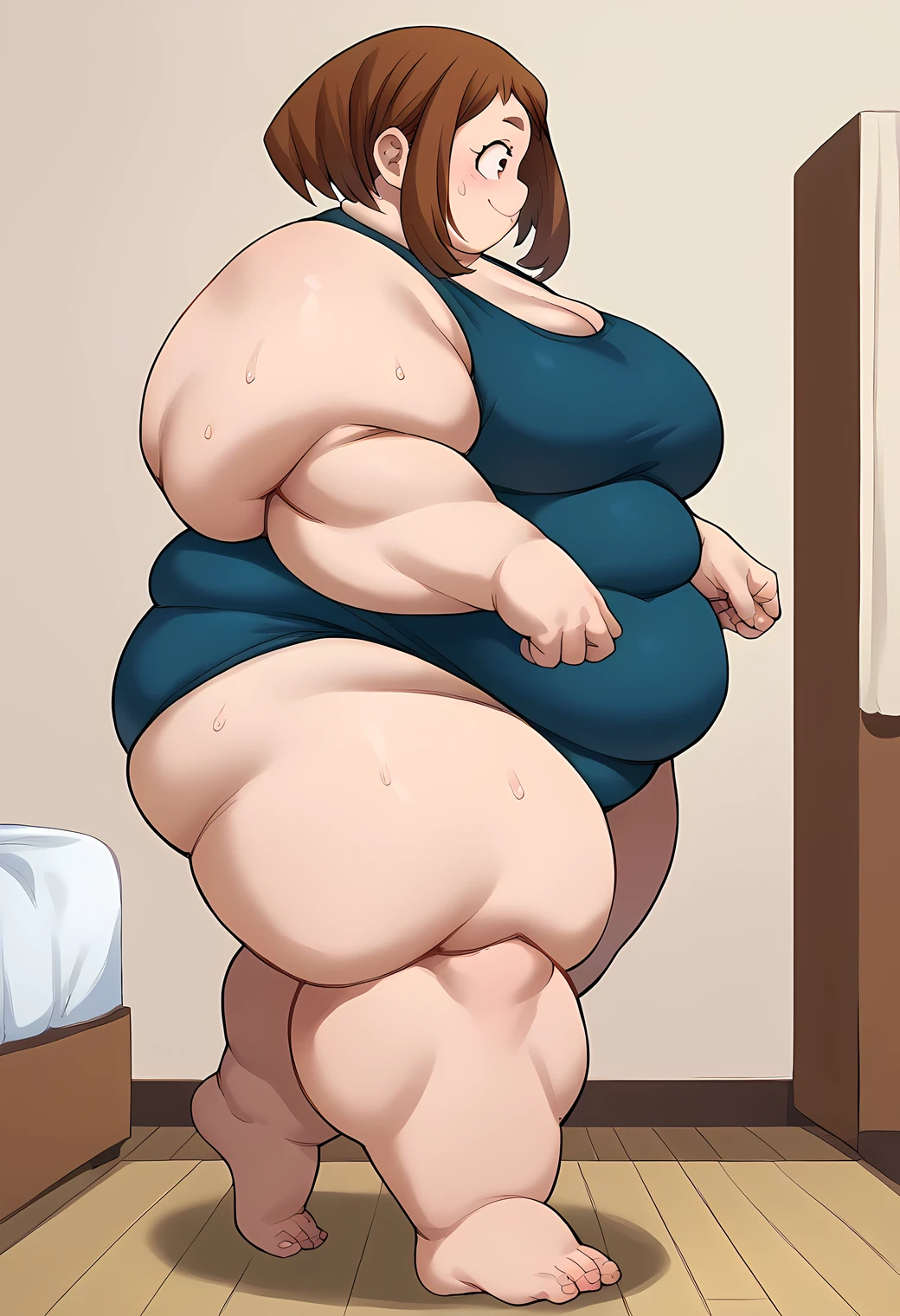 score_9, score_8_up, score_7_up, source_anime BREAK 1girl, Ochako uraraka ganryu, swimsuit, bedroom, smile, sweating, growing fatter, fat, chubby, obese, full body shot, gigantic arms and legs, walking, facing veiwer, side view