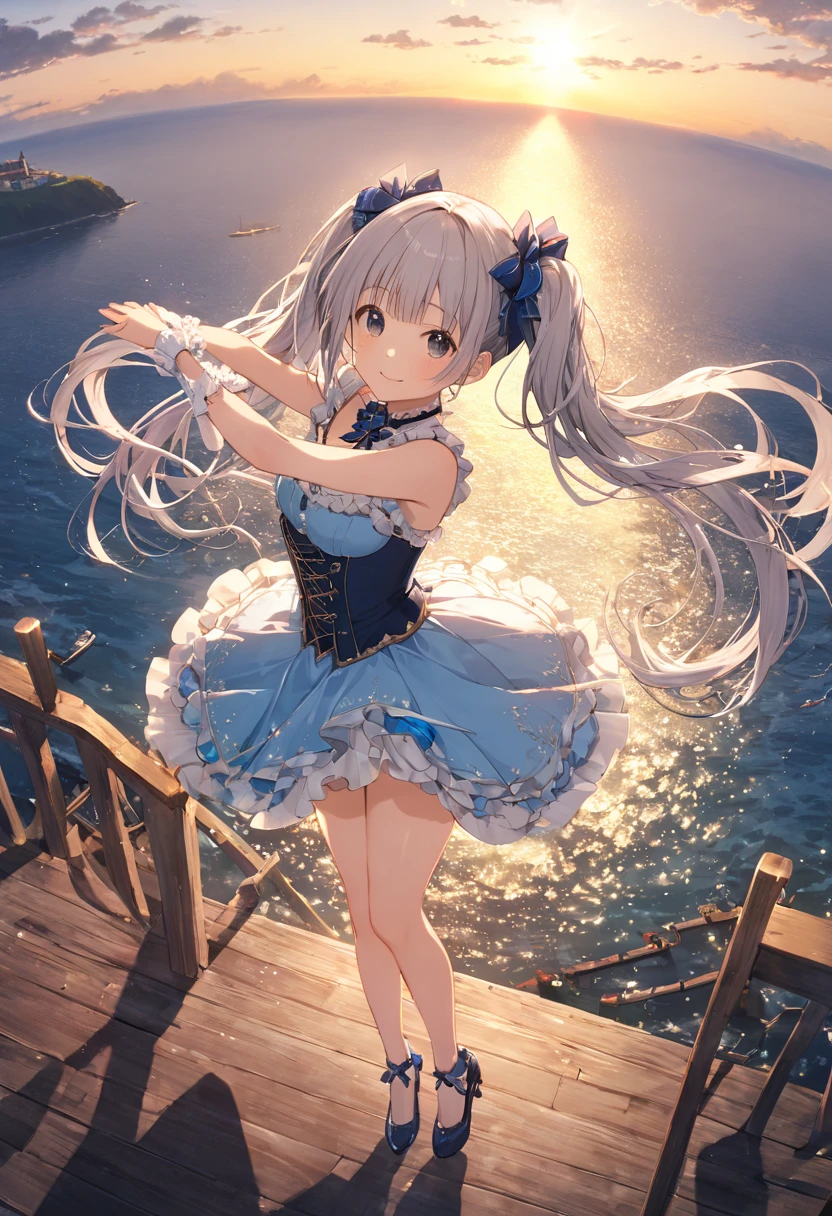 masterpiece、Best Quality、Super detailed、 Hi-Res、 extremely detailed CG、 Beautiful Idol Costumes 、 The Idolmaster Cinderella Girls、Hakozaki Serika 、最も美しいWharfの夜景、 blue sky and white clouds 、Wharfの周辺を歩く姿、beautiful single girl 、Idol&#39;s Smile、 silver hair、 wavy twin tails、Long Hair、 silver hairの毛、Port town、Wharf、Boat Lights 、Top Brand 、 Wear Colourful Costumes、 Resplendent、 Dazzling Sun Rays 、、Stretching、Standing on tiptoes、 Sea Scenery View 