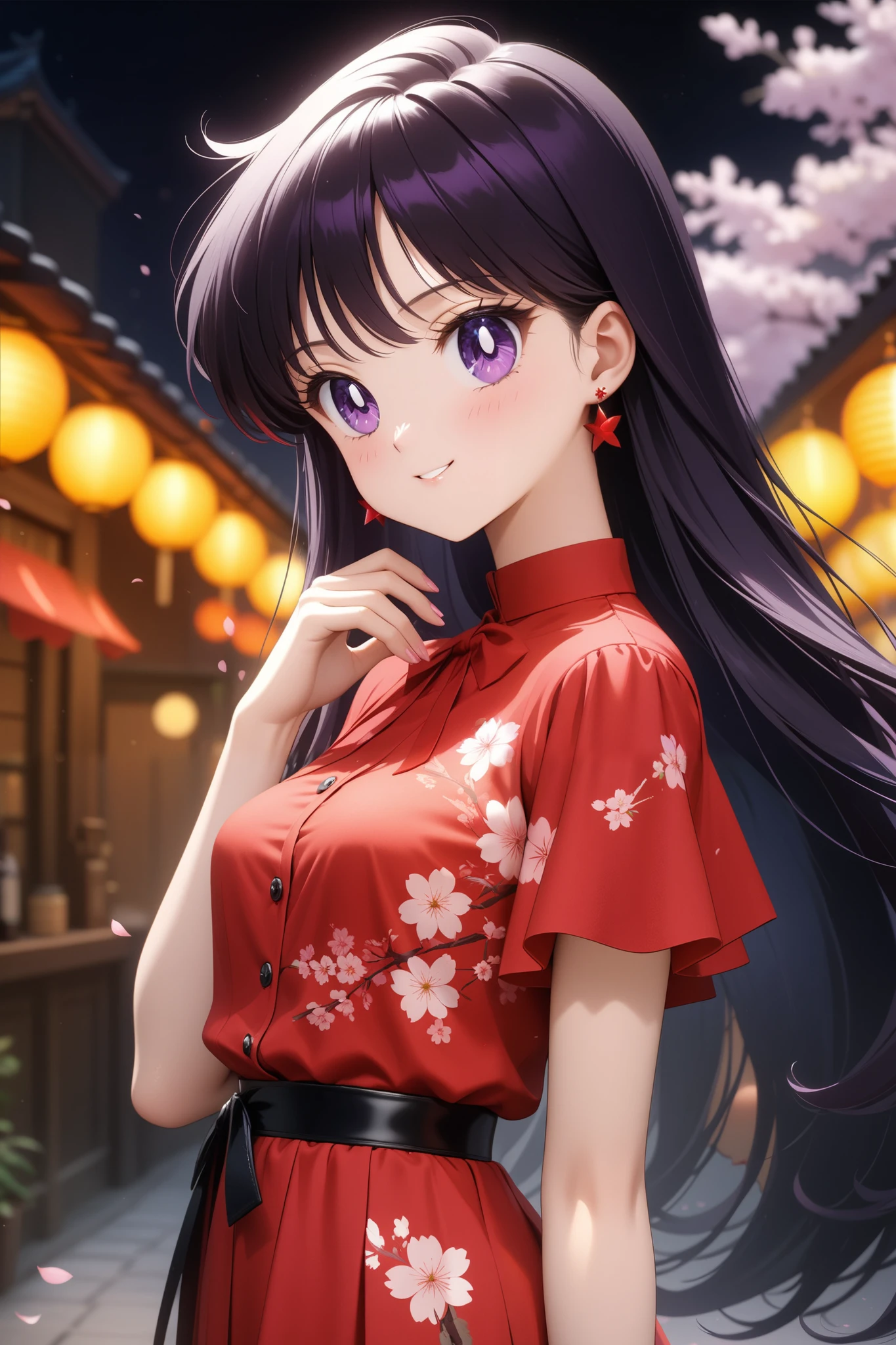 colorful, (masterpiece, best quality, very aesthetic , ultra detailed), intriguing details , 4K, long hair, black hair, hair combed to the side, earrings, purple eyes, small breast, 1girl, usagi's birthday, cute red dress, white cherry blossoms printed, smile,  detailed background, intricate details, black night, Various sexy poses、Depicts the whole body