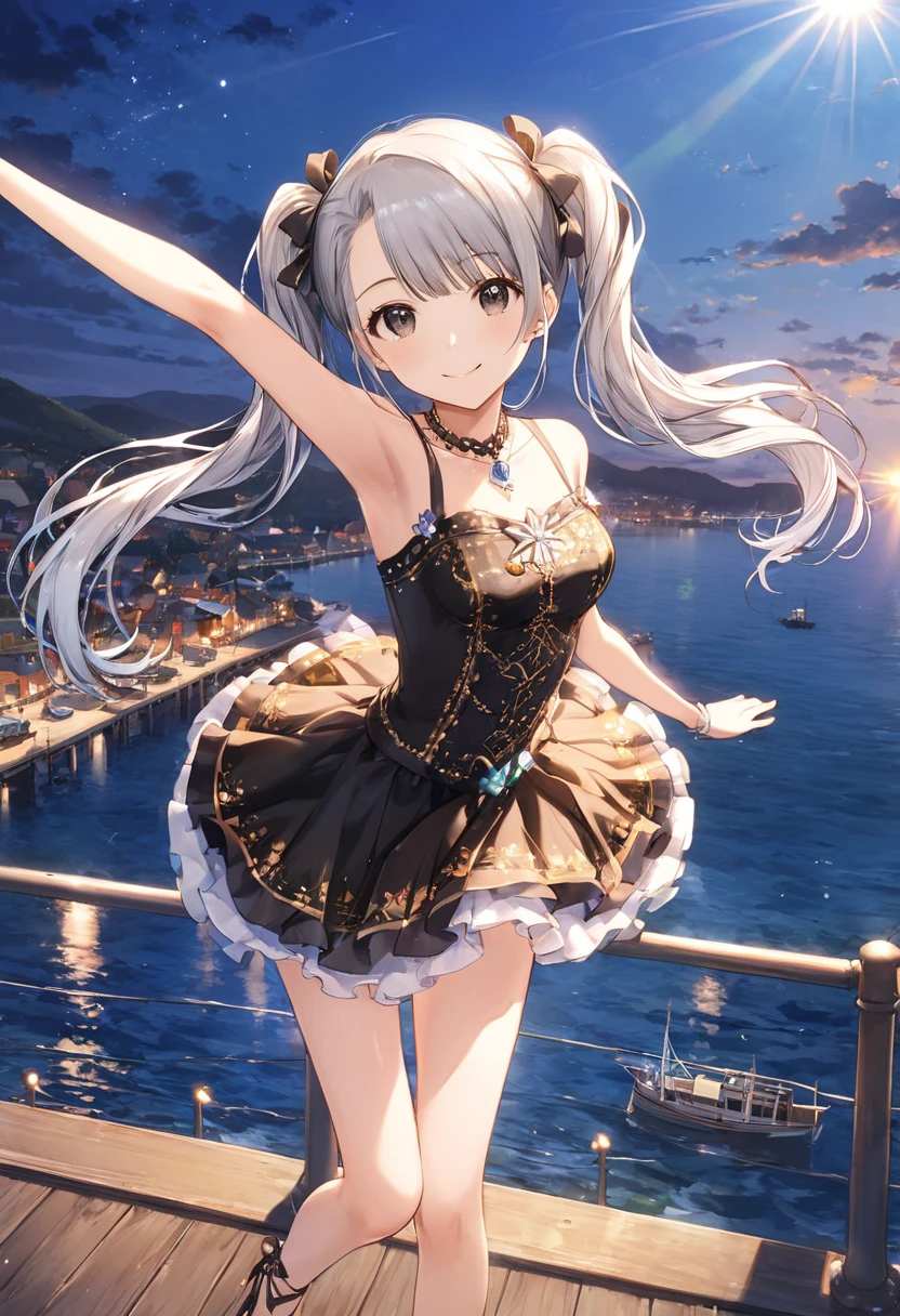 masterpiece、Best Quality、Super detailed、 Hi-Res、 extremely detailed CG、 Beautiful Idol Costumes 、 The Idolmaster Cinderella Girls、Hakozaki Serika 、最も美しいWharfの夜景、 blue sky and white clouds 、Wharfの周辺を歩く姿、beautiful single girl 、Idol&#39;s Smile、 silver hair、 wavy twin tails、Long Hair、 silver hairの毛、Port town、Wharf、Boat Lights 、Top Brand 、 Wear Colourful Costumes、 Resplendent、 Dazzling Sun Rays 、、Stretching、Standing on tiptoes、 Sea Scenery View 