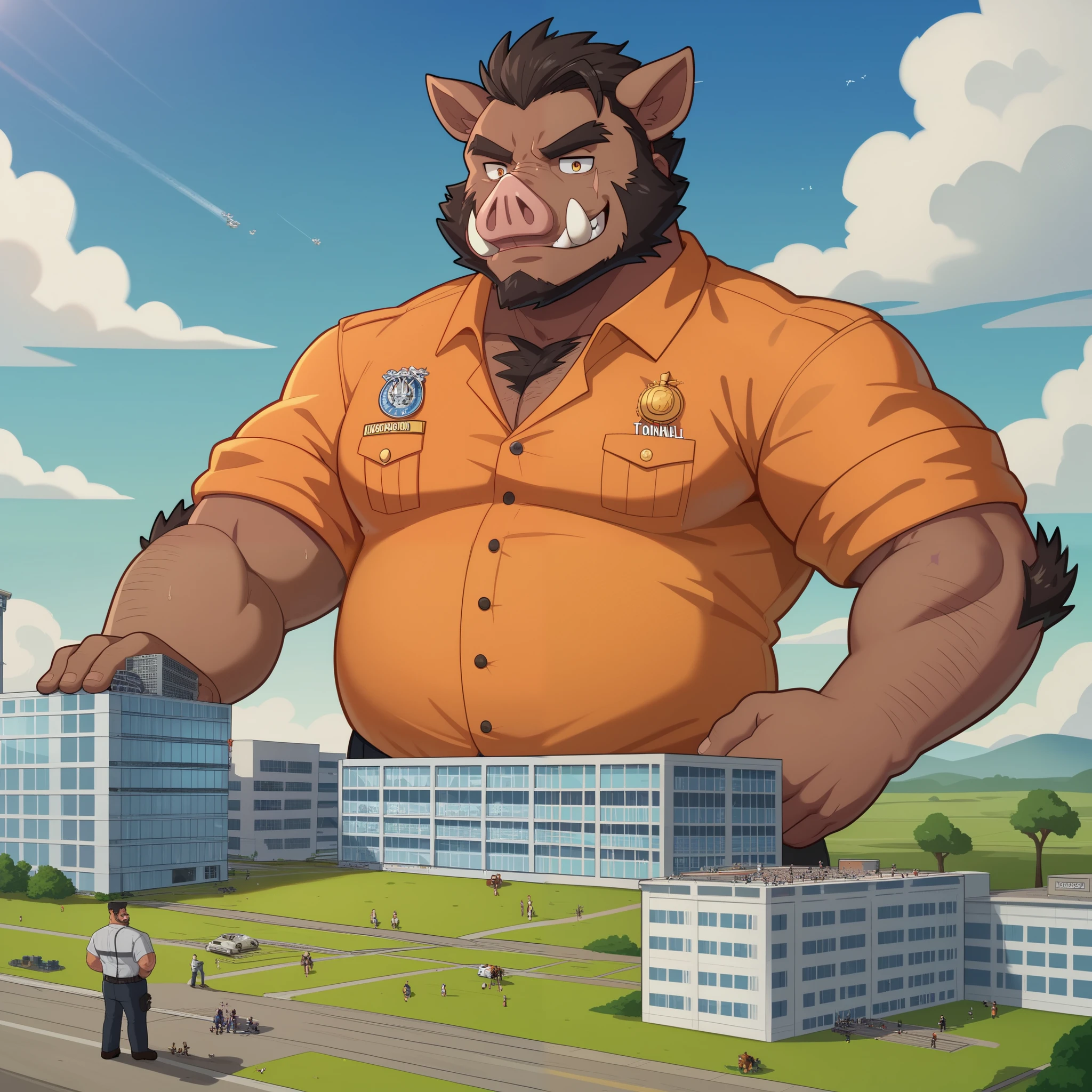 gekritzeltes wild boar-Gesicht,Humanity (wild boar),pummelig,( wear black eyebrows :1.1),(perfect eyes), slanted scar on the eye , looks intimidating and grumpy,(artist:takemoto arashi),(prisoners, criminally, Inmate,), standing, fuss,( Black beard :1.3),(orange prisoners clothes:1.3,) wild boar,(Massiv:3.0, ( heavyweight ,stark,Macro, Emphasize )), background (( in a prison cell )),