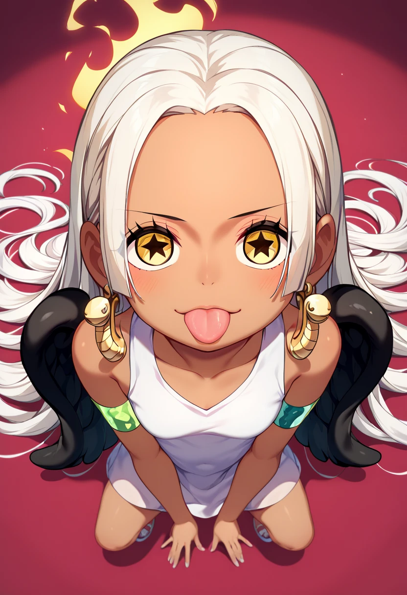 UHD, retina, textured skin, high details, high quality, best quality,  highres icon, 1080P, HD, 16k、1 Girl,Earthsnake , Long Hair, white hair, Brown Skin、,  earrings for a woman alone, Yellow Eyes, symbol-shaped pupils,  black wings  ,  small breasts.  sundress,  white dress,  sleeveless, armlet、 cute、Flames on the back、flat chest、full body、looking up、from above、squatting、 cute、 sexy、Stick one’s tongue out、