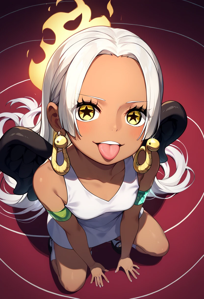 UHD, retina, textured skin, high details, high quality, best quality,  highres icon, 1080P, HD, 16k、1 Girl,Earthsnake , Long Hair, white hair, Brown Skin、,  earrings for a woman alone, Yellow Eyes, symbol-shaped pupils,  black wings  ,  small breasts.  sundress,  white dress,  sleeveless, armlet、 cute、Flames on the back、flat chest、full body、looking up、from above、squatting、 cute、 sexy、Stick one’s tongue out、