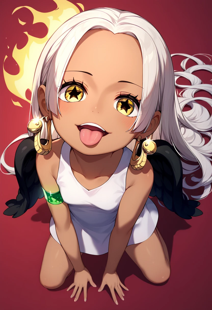 UHD, retina, textured skin, high details, high quality, best quality,  highres icon, 1080P, HD, 16k、1 Girl,Earthsnake , Long Hair, white hair, Brown Skin、,  earrings for a woman alone, Yellow Eyes, symbol-shaped pupils,  black wings  ,  small breasts.  sundress,  white dress,  sleeveless, armlet、 cute、Flames on the back、flat chest、full body、looking up、from above、squatting、 cute、 sexy、Stick one’s tongue out、