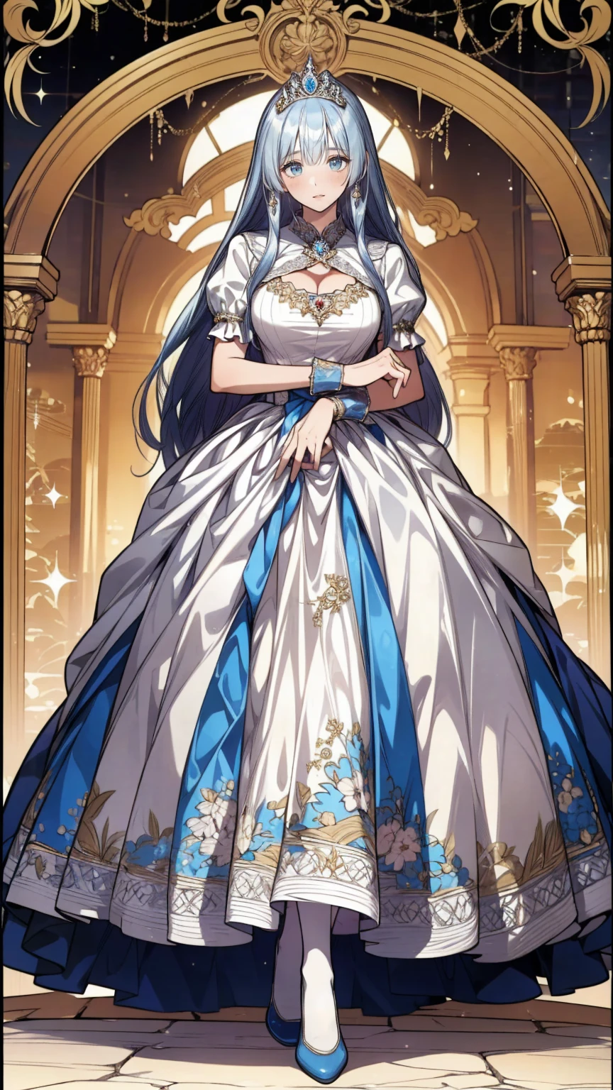 (( anime art style )),(masterpiece),(Best Quality), (Super detailed),(  Highly Detailed CG Unity 8K Wallpaper ),(( very delicate and beautiful)), Movie Lighting, 1 girl,((whole body portrait)),((Standing in the garden)),((Alone)),(((1 fairytale princess in Gorgeous embroidery and jewels extremely gorgeous rococo princess ballgown with voluminous full length hoop skirt))), narrow waist, をあしらったロイヤルドレス ,(((Huge crinoline tub skirt))),,((Gorgeous embroidery and jewels)), voluminous frills , transparent,(((Very huge , skin pattern ))), clevis,(( ridiculous length straight hair ,Extremely thick, straight, long hair, ridiculous length straight hair )),(Detailedly drawn face and eyes),(,smile),Clear pupils,  Extremely Gorgeous Full Hair Ornament  ,( Extremely Beautiful Full Tiara Embellished with Gemstones ),((Bling Bling Gems Jewelry )),Beautiful long veil,((Extra long gloves)),( Beautiful background ),(whole body),((Gorgeous embroidery and jewels extremely gorgeous rococo princess ballgown with voluminous full length hoop skirt))
