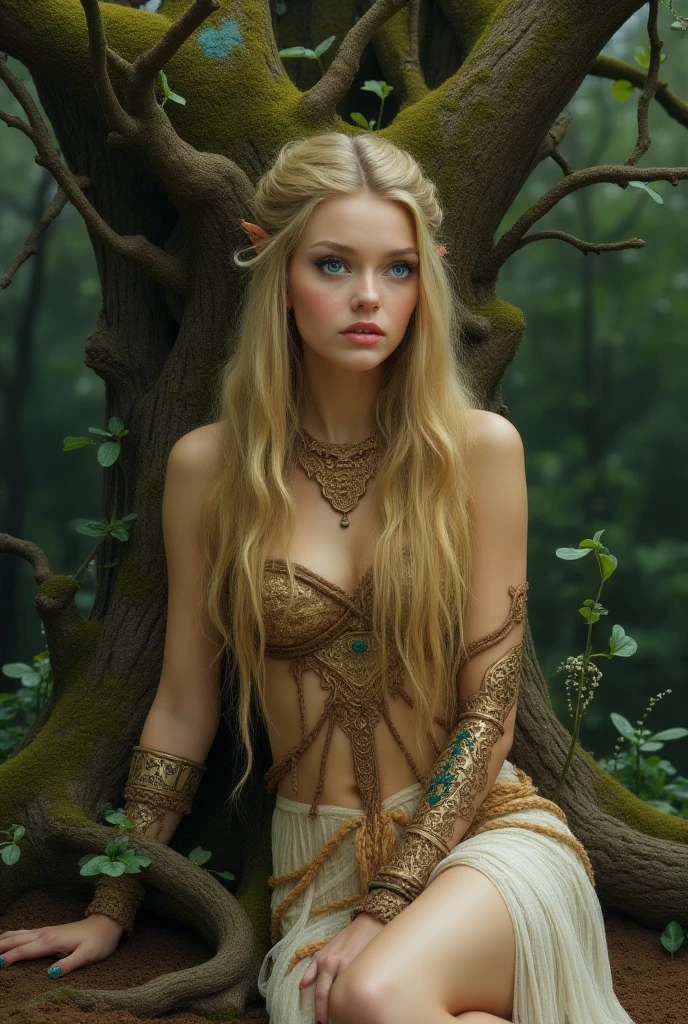 ((best quality)), ((masterpiece)), (detailed), 1girl, dryad emerging from her tree, dressed in clothing made only from leaves and vines, blonde hair