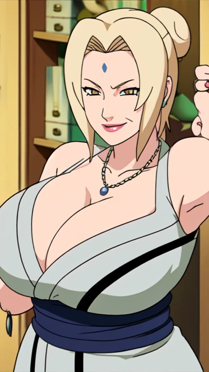 Tsunade senju,Saggy big breast,Aging,Wrinkle in face,Cleavage,low big bun hair,Pearl earring,tsunade Pendant,Wedding ring,Green kimono with cleavage,Curvy figure,Brown eyes,Colorless lip,Visible nape,Smug,Seductive smile,light blush,Detailed eyes