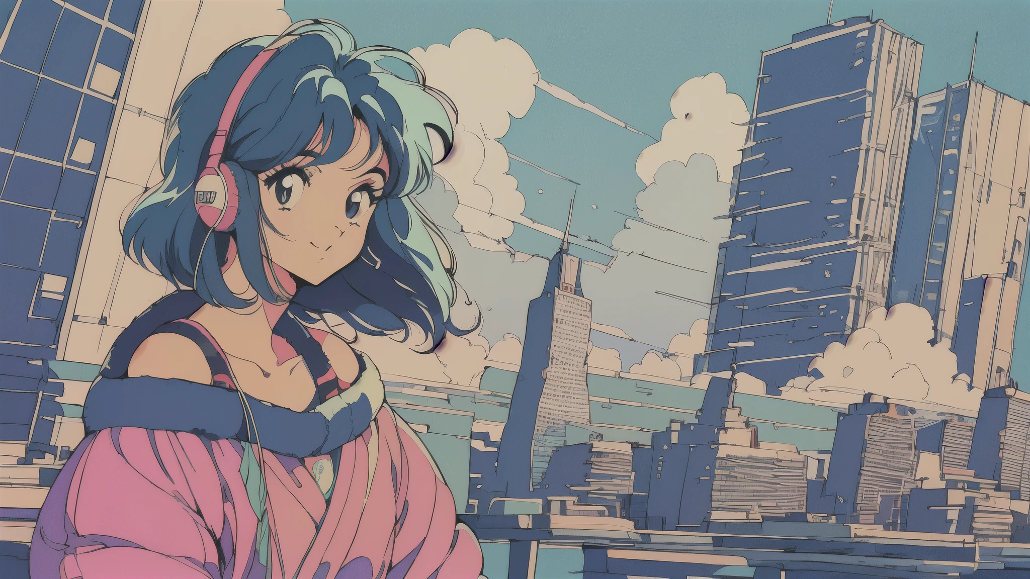 Observe every detail perfectly,(80's, retro, City Pop:1.5), (Album cover), (masterpiece, Highest quality), (anime, figure), (pastel colour:1.4), Best Photo Poses, Dynamic Angle,girl, alone, A perfect eye for detail, Delicate face, Tokyo, High Fashion, DJHeadphones,Headphones,Blue sky and clouds,Smiling girl、sit,Vivid background