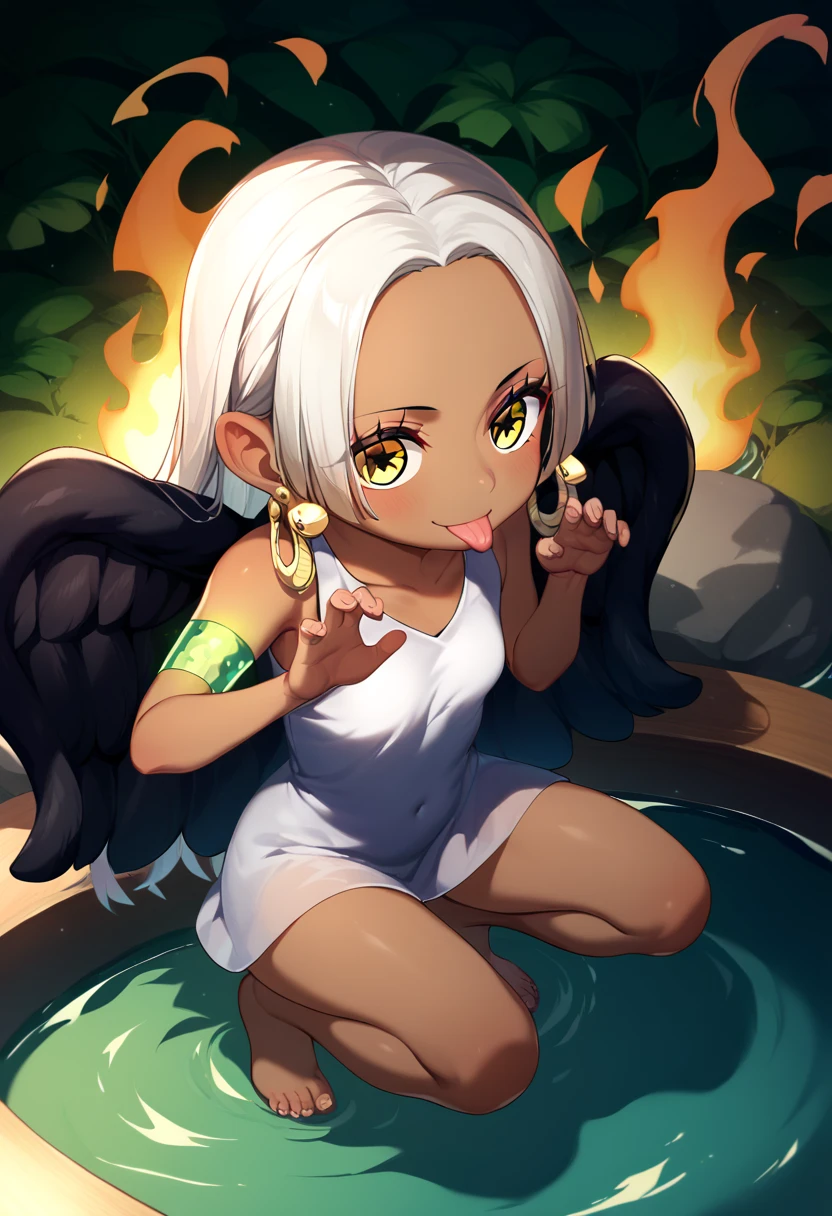 UHD, retina, textured skin, high details, high quality, best quality,  highres icon, 1080P, HD, 16k、1 Girl,Earthsnake , Long Hair, white hair, Brown Skin、,  earrings for a woman alone, Yellow Eyes, symbol-shaped pupils,  black wings  ,  small breasts.  sundress,  white dress,  sleeveless, armlet、 cute、Flames on the back、flat chest、full body、looking up、from above、squatting、 cute、 sexy、Stick one’s tongue out、panties、claw pose、hot spring