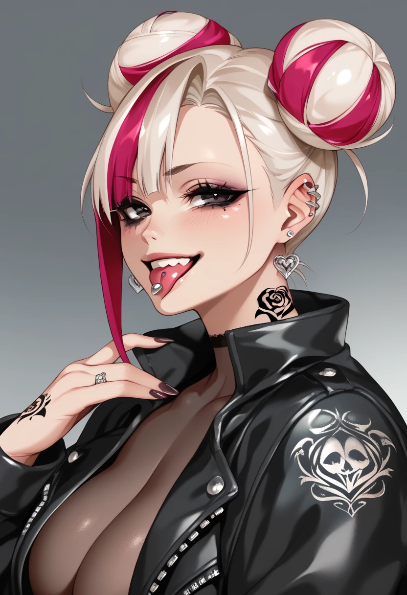 a mean girl with a half-peeled leather jacket, a rose tattoo on her right arm, black eye makeup, a tongue piercing, ear piercings, multicolored hair in a double bun, an evil smile, 